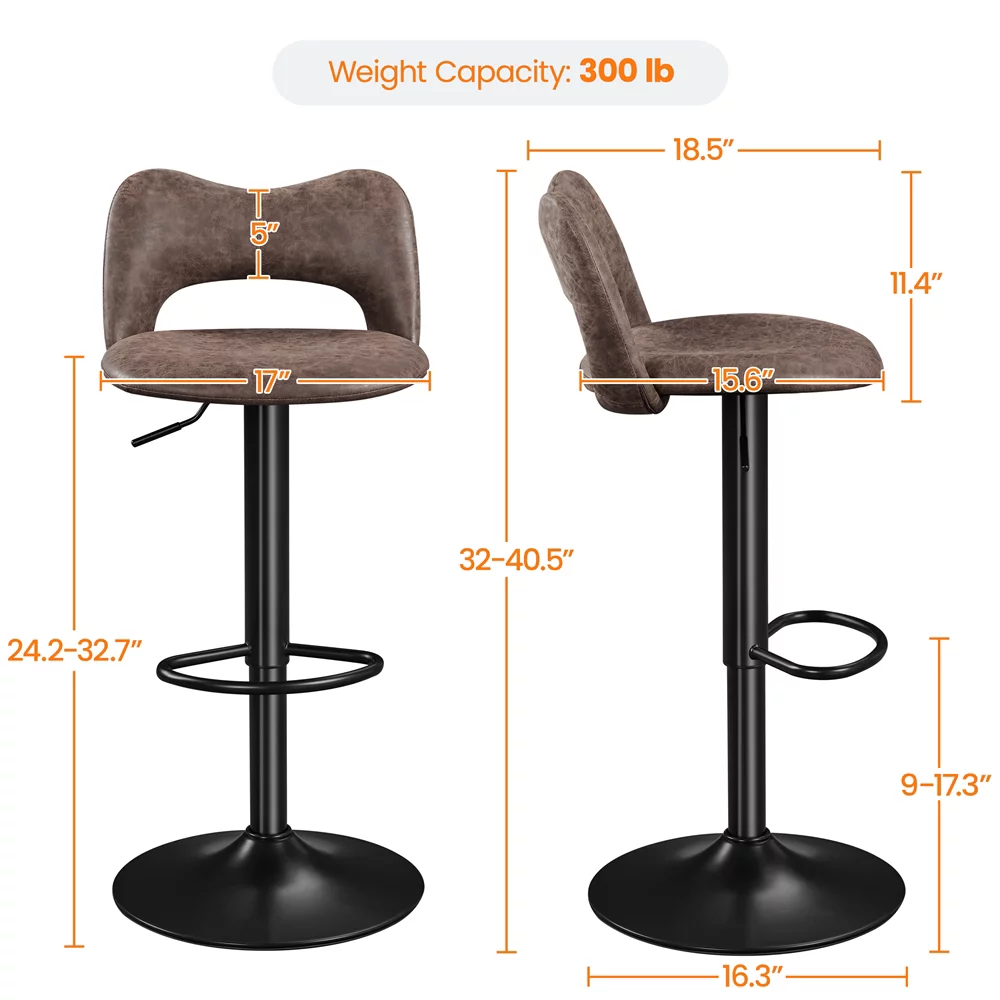 Yaheetech Set of 2 Height Adjustable Bar Stools,Retro Brown