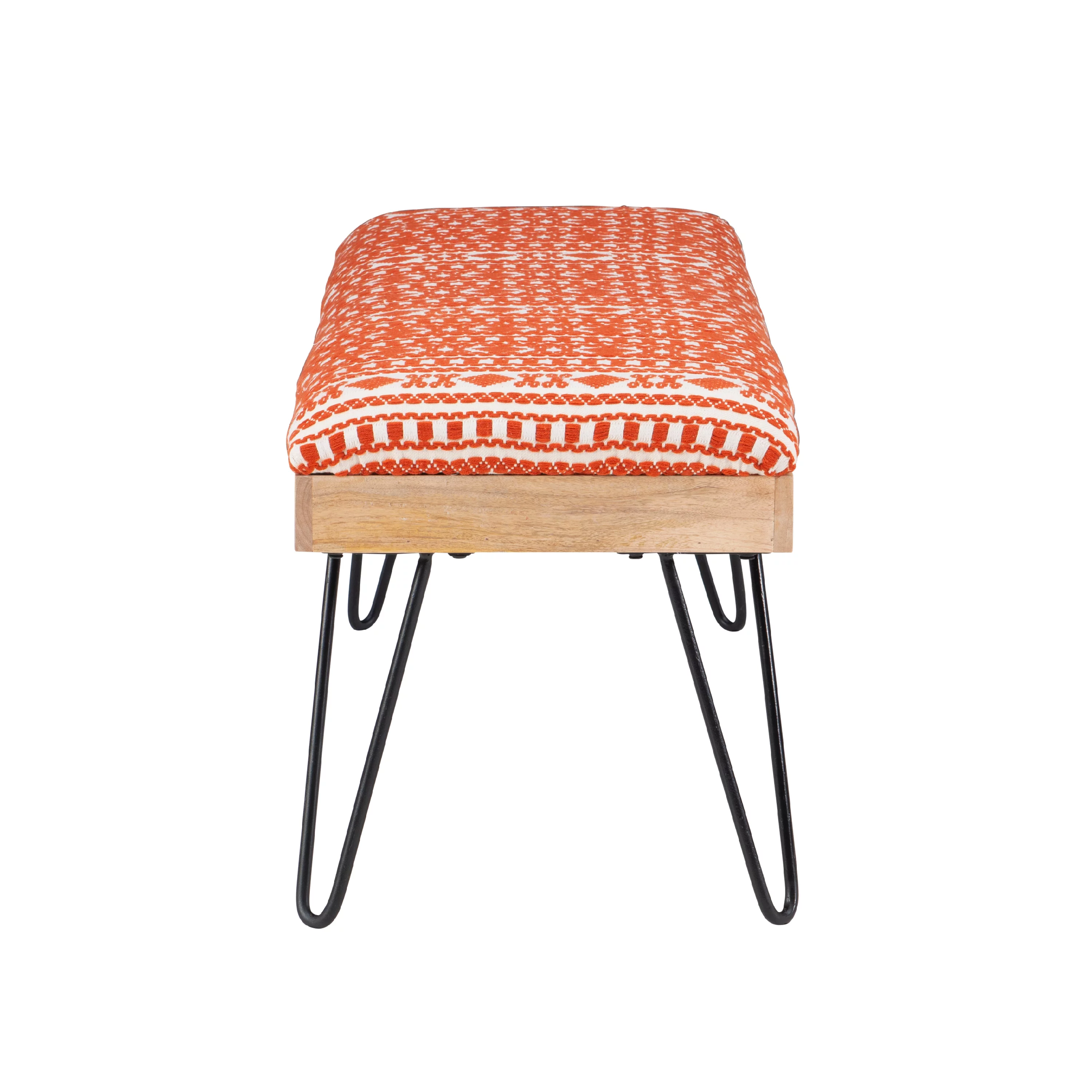 Newley Upholstered Bench, Black Hairpin Legs with Terra Cotta and Natural Stripe Fabric
