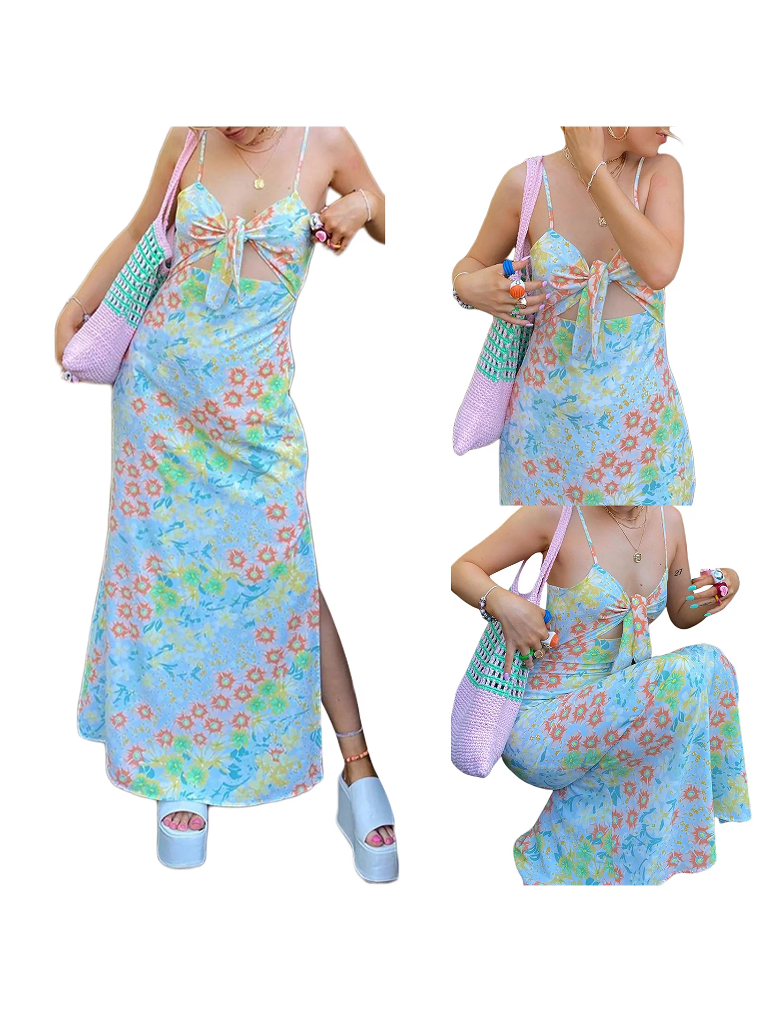 Women Sexy Slit Dress, Blue Floral Printed Pattern Deep V-neck Sleeveless One-piece, S/ M/ L/ XL
