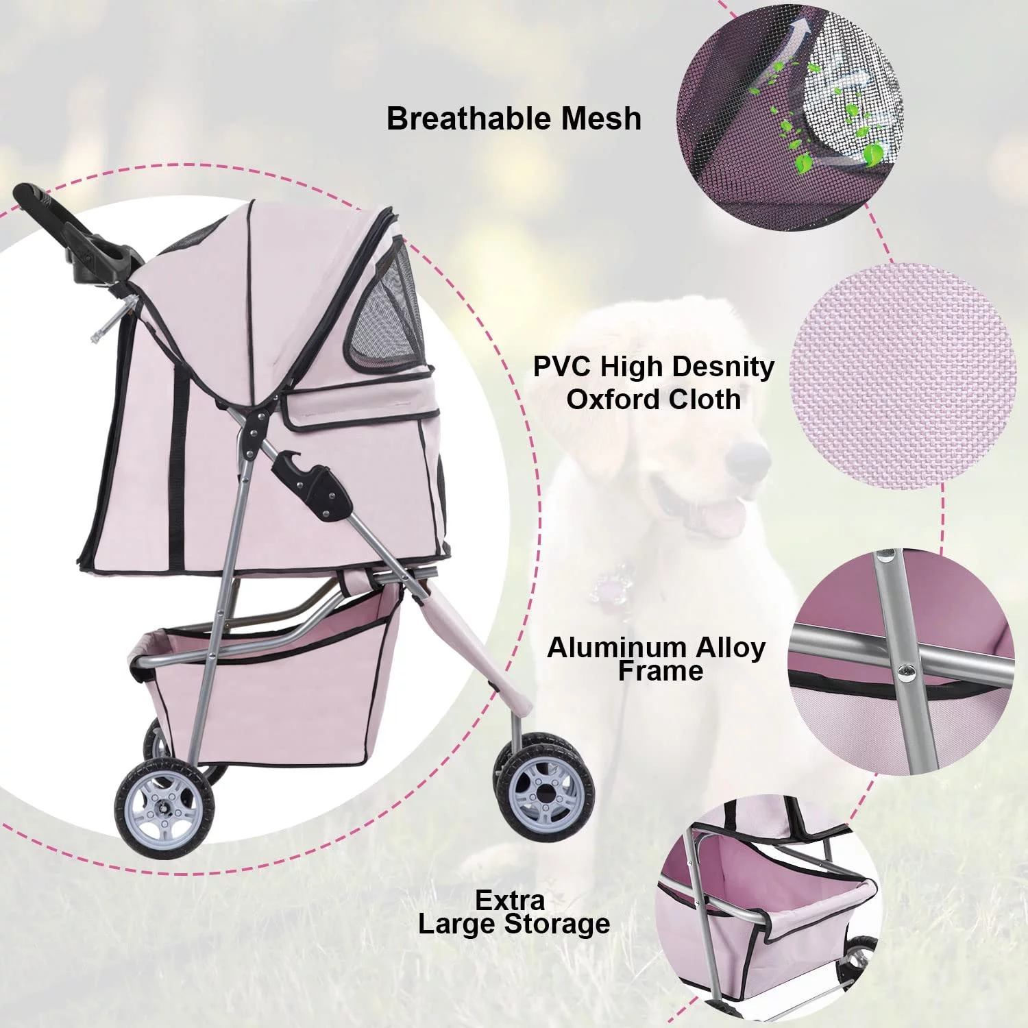 BestPet 3 Wheels Pet Stroller Dog Cat Stroller Folding Carrier Waterproof with Cup Holder (Light Pink)