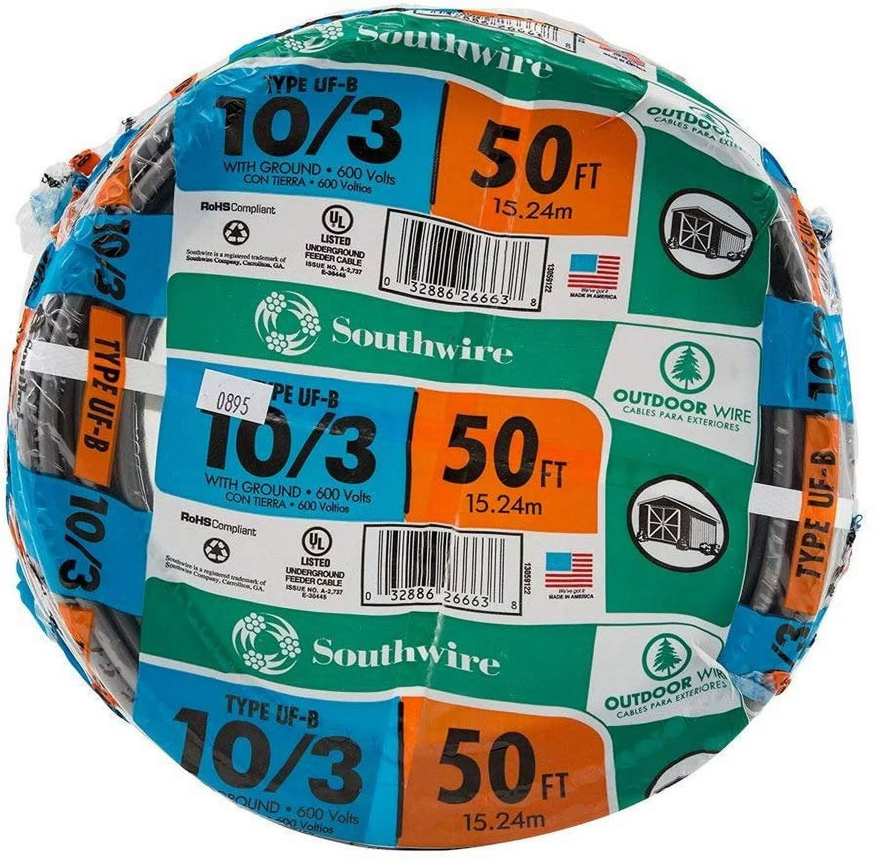 Southwire 13059122 Romex SIMpull 10/3Uf-Wgx50 Type Uf-B Building Wire, 10/3, 50 Ft, Pvc, Feet