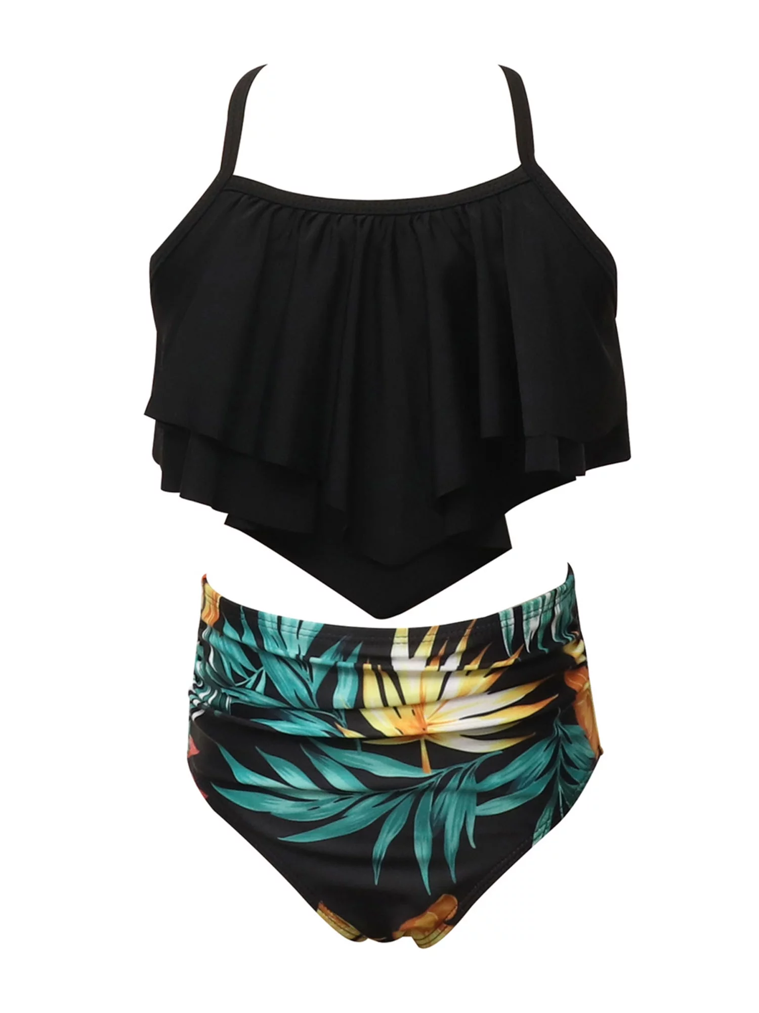BeQeuewl 2Pcs Matching Swimsuit Leaf Print Swimwear Bikini Tankini Set Bathing Suits for Girls Women