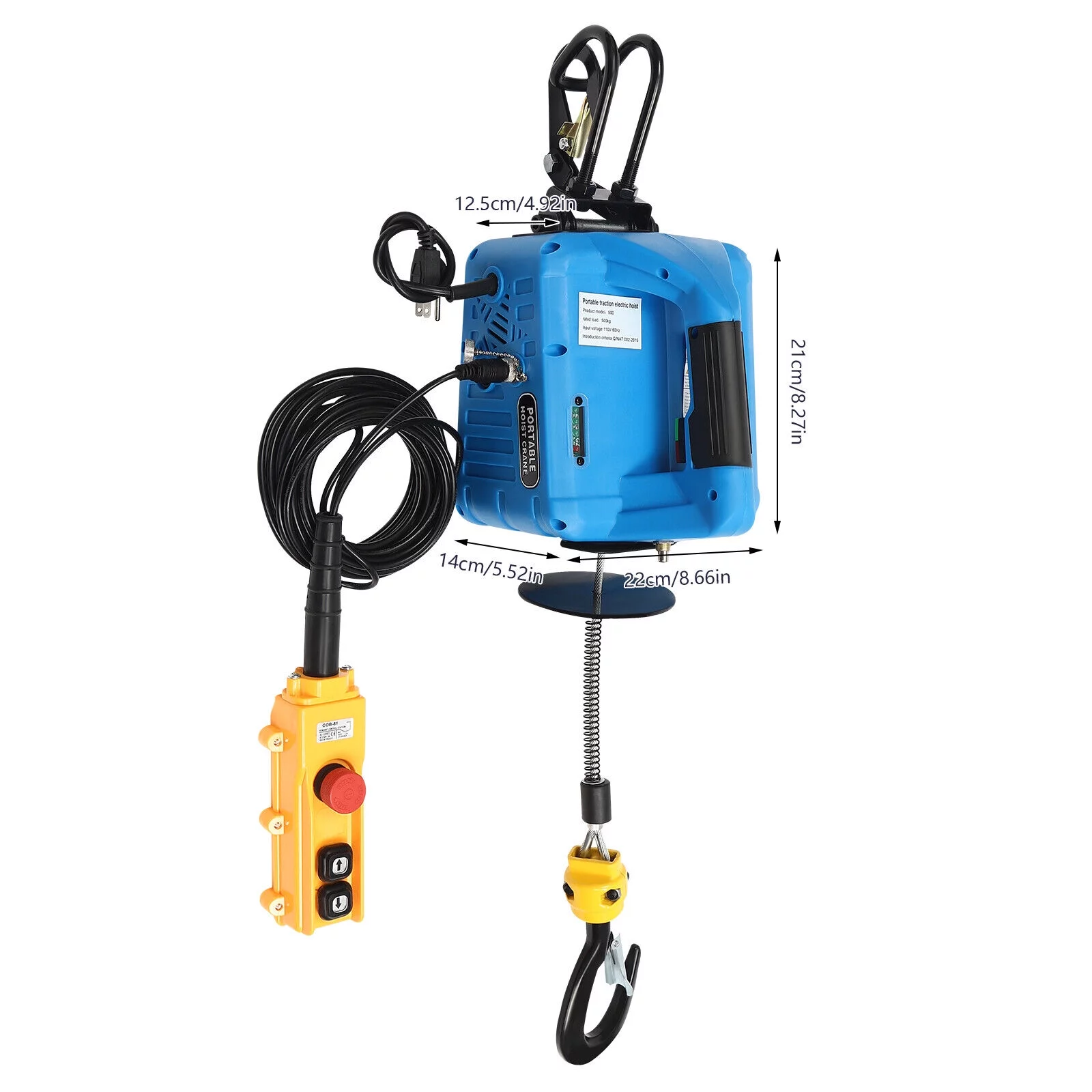 Portable Electric Hoist Winch 110V 1500W 1100 lbs Wire & Wireless Remote Control Blue