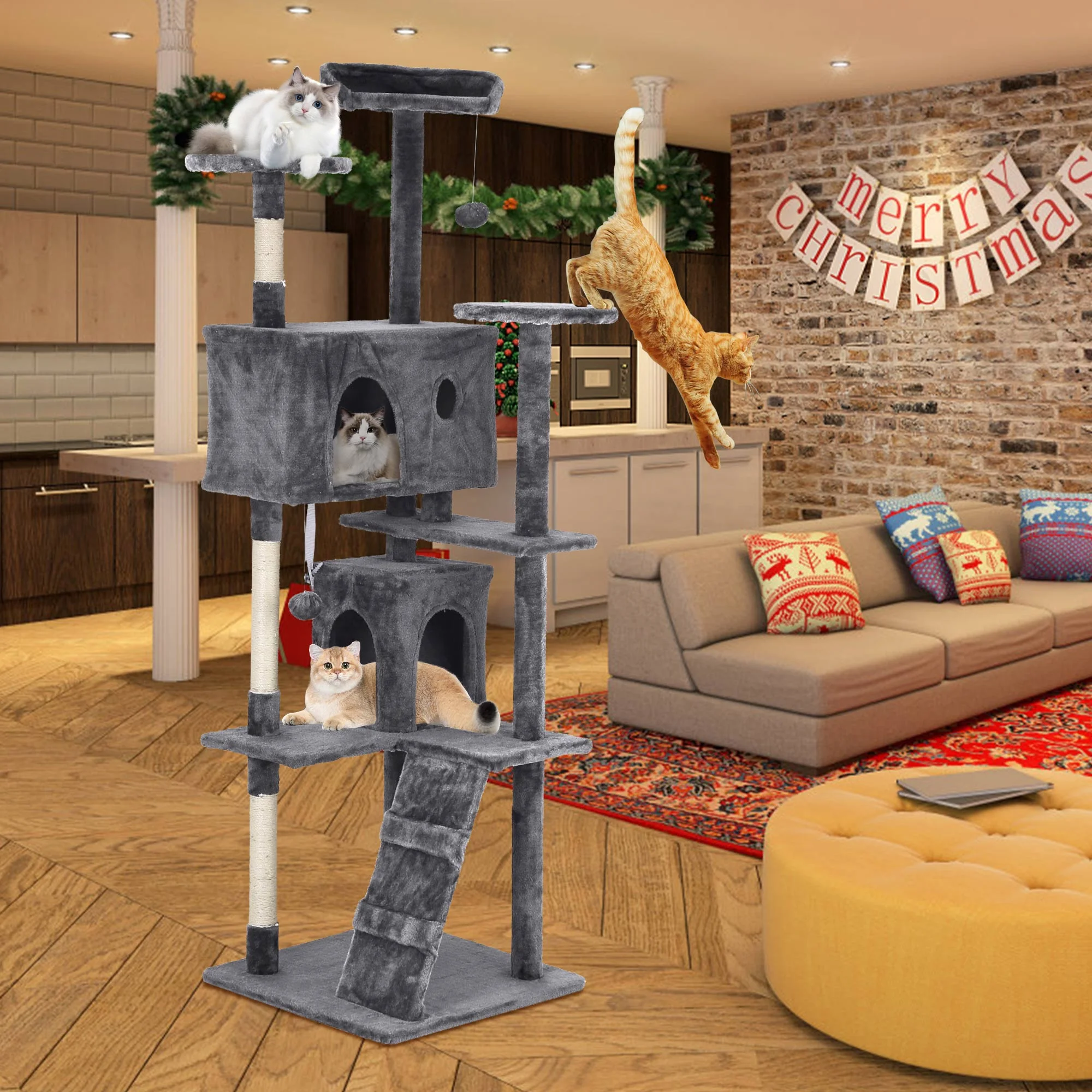 CL.HPAHKL 54In Cat Tree Tower for Large Cats, Cat Climbing Tower Cat Scratching Tree with Cat Scratching Stand, Big Cat Tree House Funny Toys for Kittens Pet(Ashy)