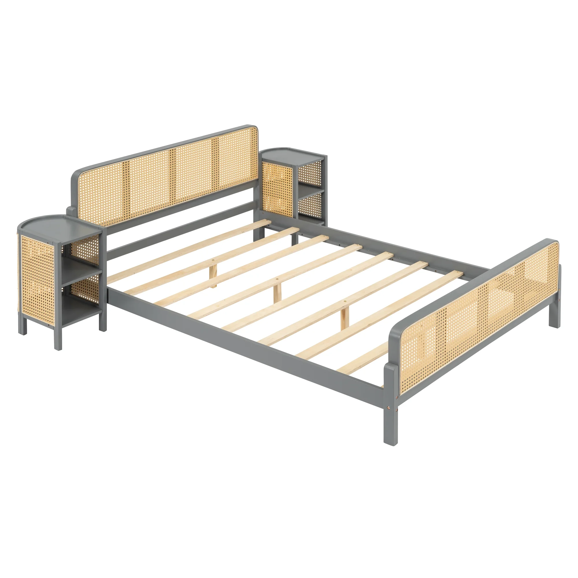 Churanty 3 Pieces Rattan Platform Bed Full Size Set with 2 Nightstands,Boho Bed Frame Full with Rattan Headboard and Footboard,Gray