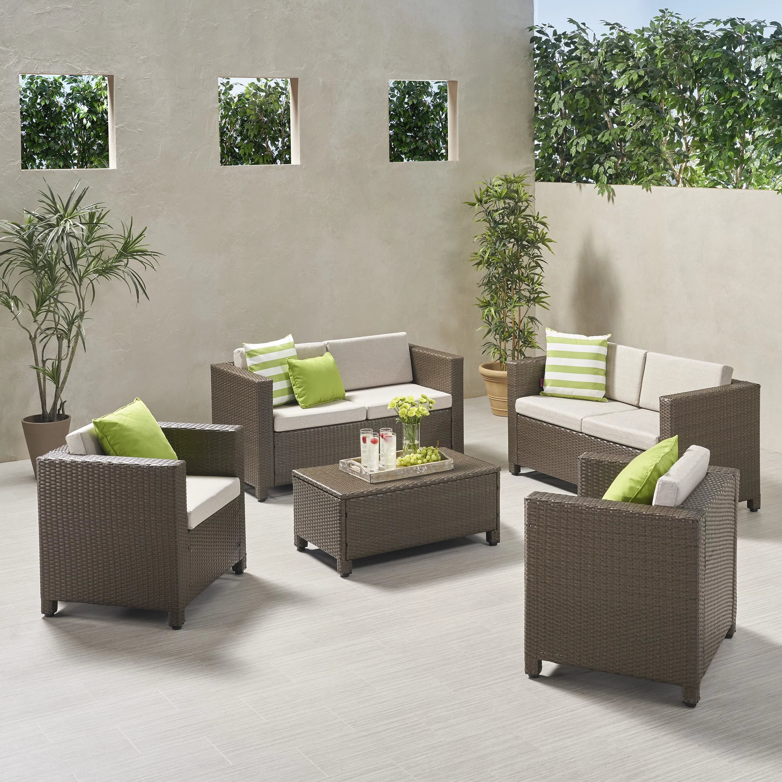 GDF Studio Doreen Outdoor 6 Seater Loveseat Chat Set with Cushions, Brown and Ceramic Gray