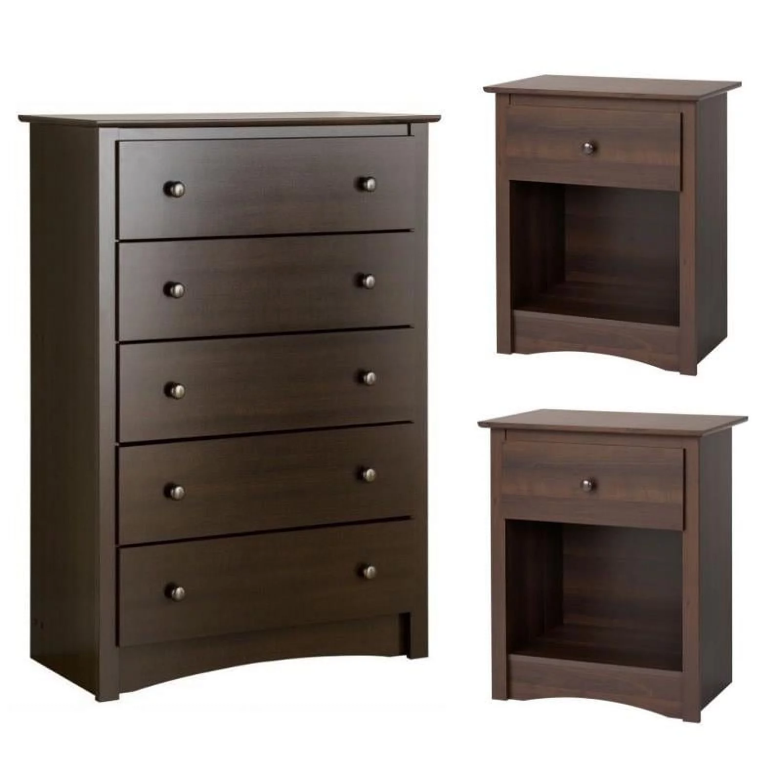 Home Square 3-Piece Set with 2 Tall Nightstands and 5 Drawer Chest in Espresso