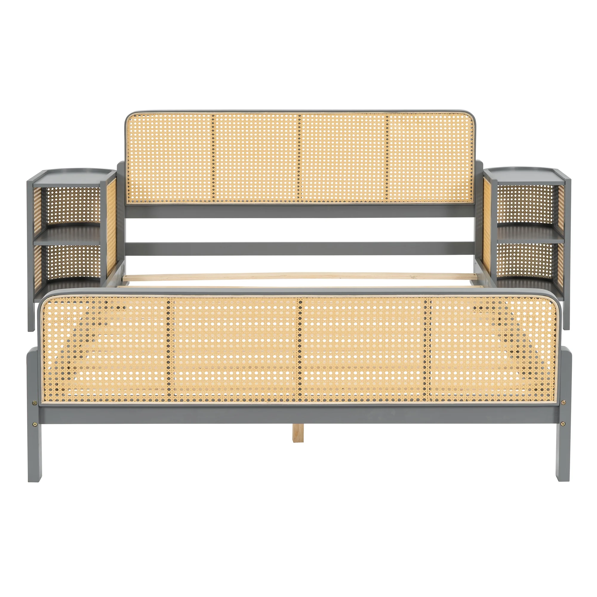 Churanty 3 Pieces Rattan Platform Bed Full Size Set with 2 Nightstands,Boho Bed Frame Full with Rattan Headboard and Footboard,Gray