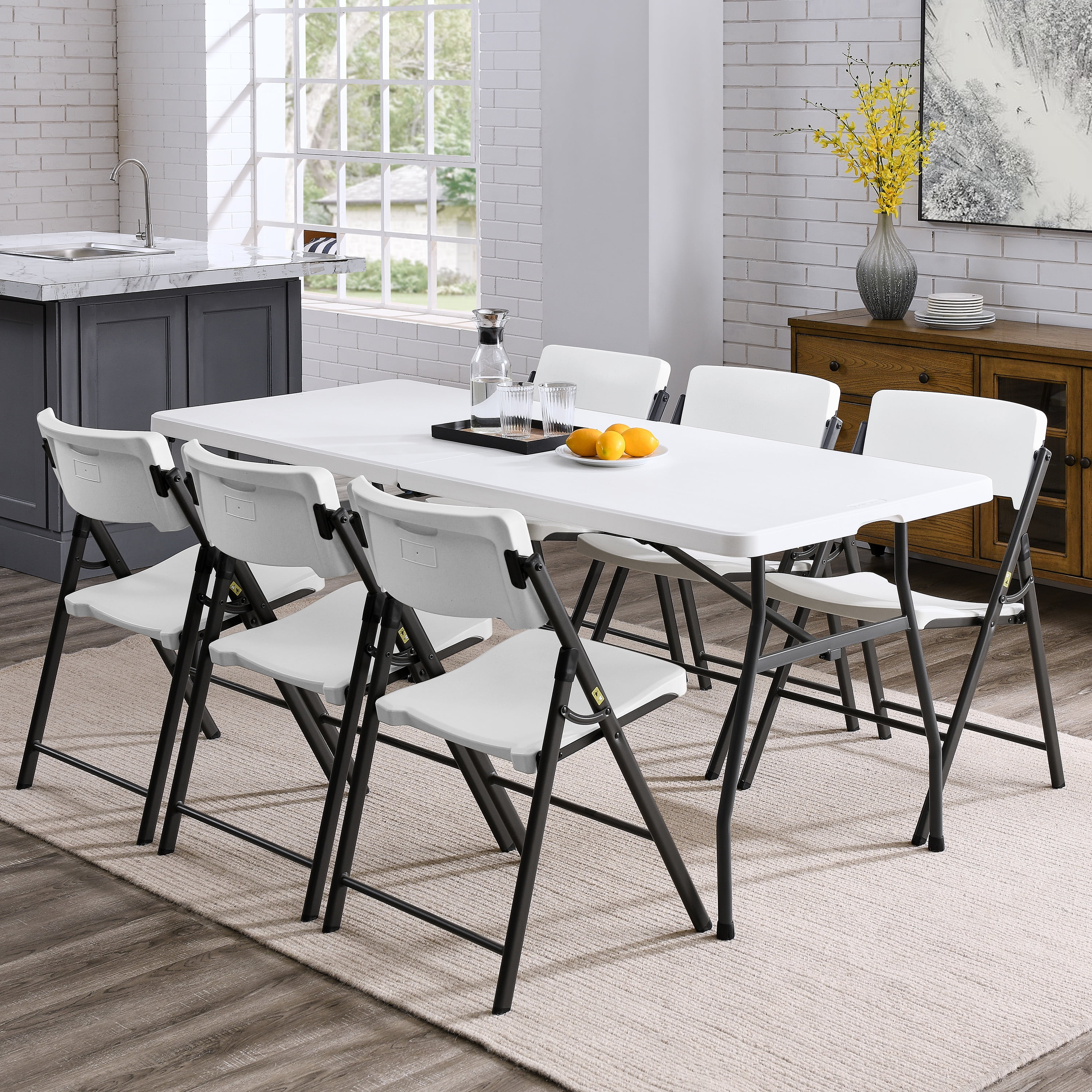 Mainstays 6 Foot Fold-in-Half Plastic Table, Indoor Outdoor, White Granite