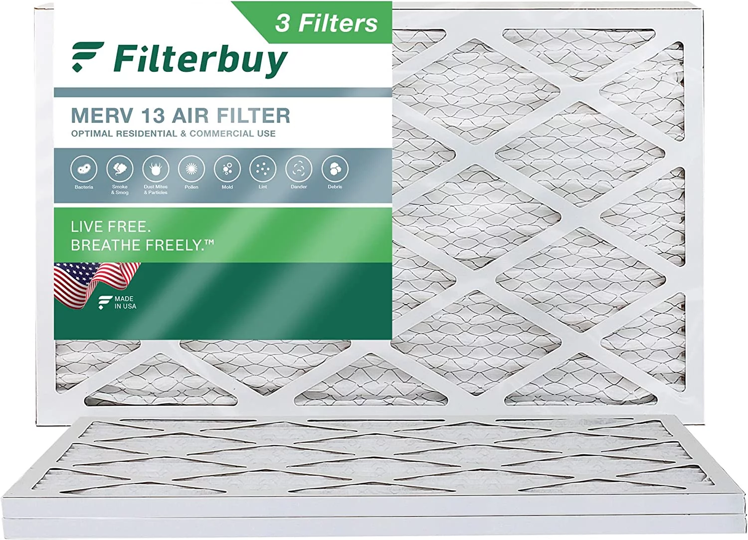 Filterbuy 13x21.5x1 MERV 13 Pleated HVAC AC Furnace Air Filters (3-Pack)