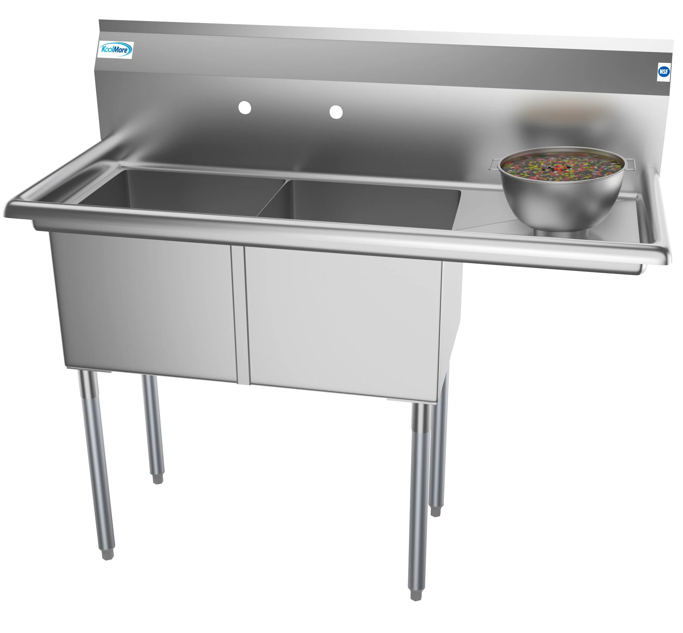 KoolMore 48 in. Two Compartment Stainless Steel Commercial Sink with Drainboard, Bowl Size 15