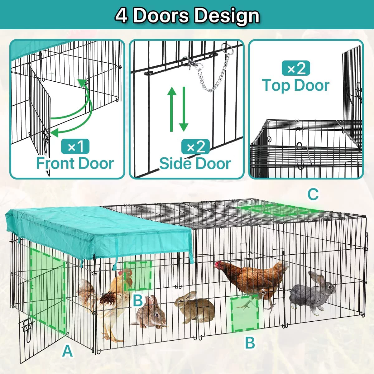 Dkeli Metal Chicken Coop Cage Walk-in Rabbit Enclosure Pen Outdoor Backyard Chicken Run Pen with Waterproof Cover for Rabbit Duck Hen, 72