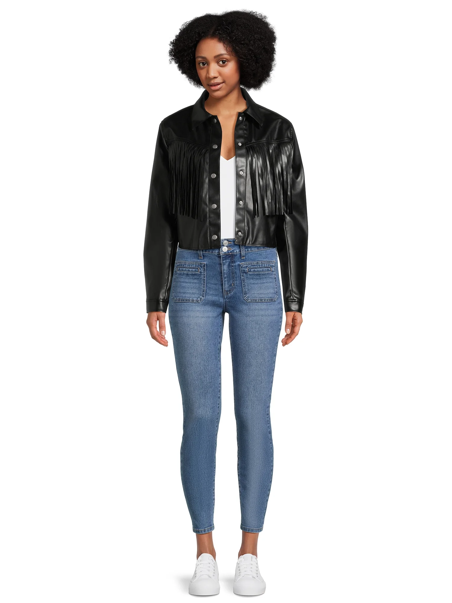 No Boundaries Juniors Fringe Moto Jacket with Long Sleeves, Sizes XS-3XL
