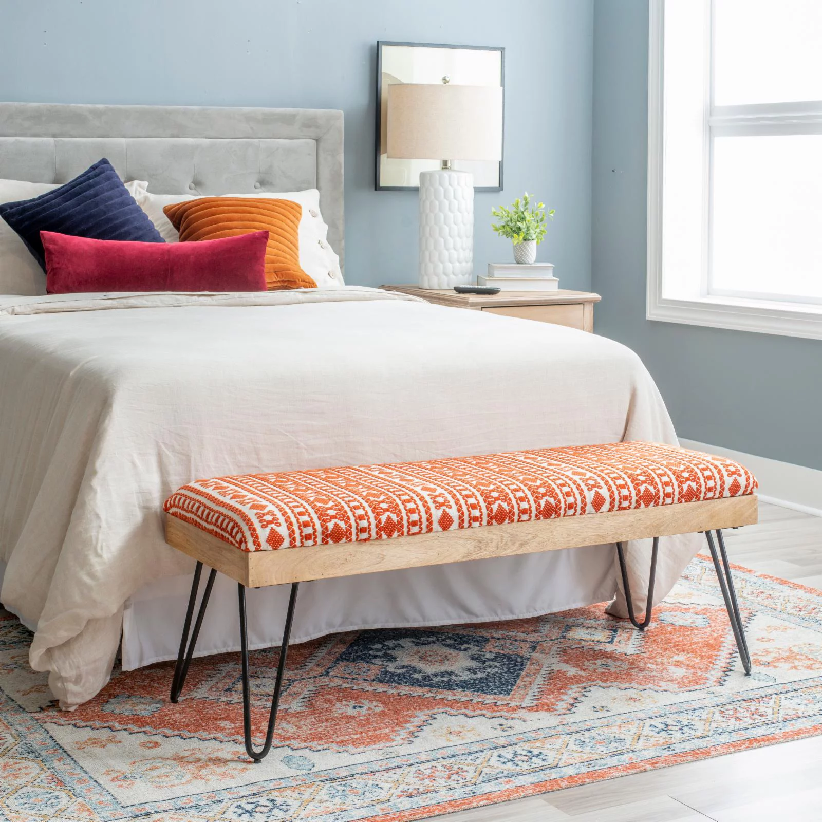 Powell Brooke Bench - Black Hairpin Legs with Terra Cotta and Natural Stripe Fabric