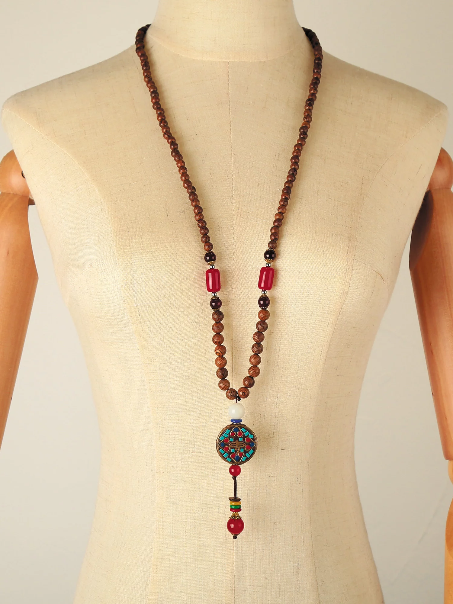 Yabuy Women Bead Necklace Wooden Long Necklace Vintage Boho Mala Meditation Necklaces