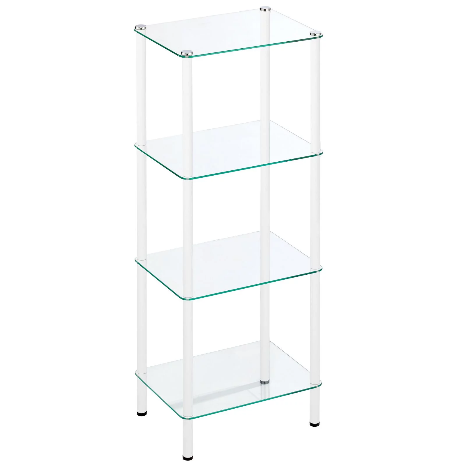 mDesign 4-Tier Glass/Metal Standing Shelf Organizer Display Unit, White/Clear