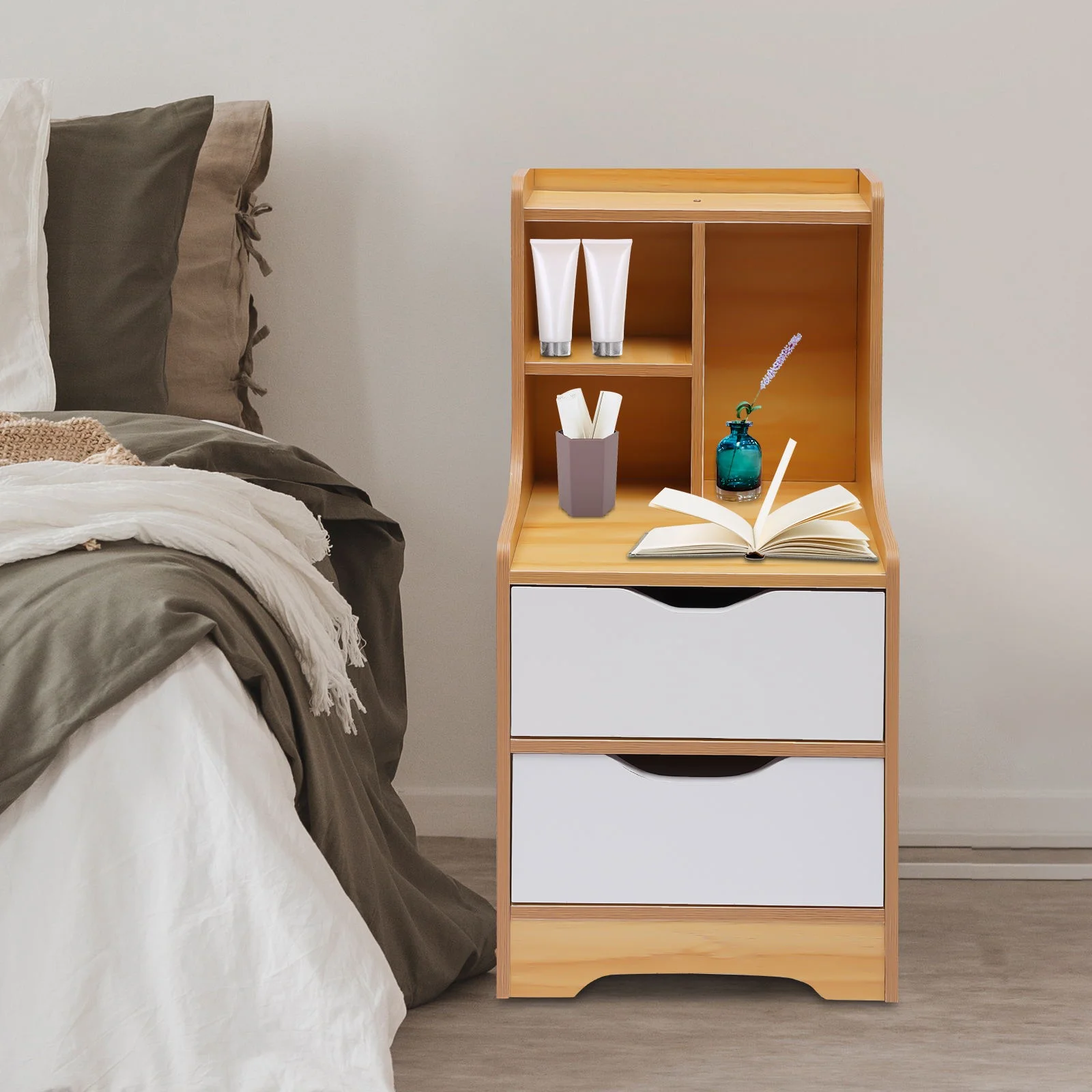 Wuzstar 2 Drawers Nightstand Bedroom Living Room Wood End Table with Storage Shelf