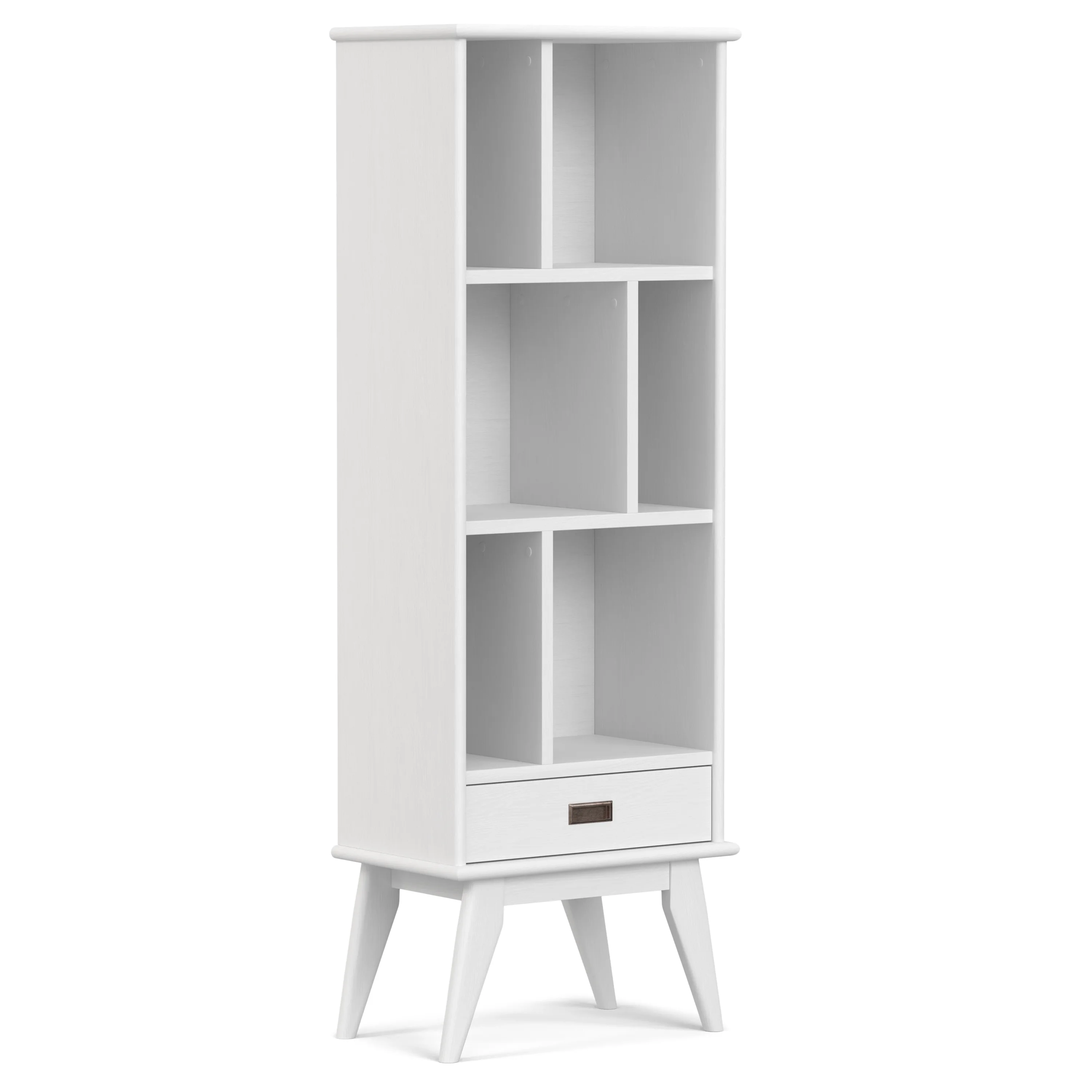 Simpli home Draper SOLID HARDWOOD 64 inch x 22 inch Mid Century Modern Bookcase and Storage Unit in White