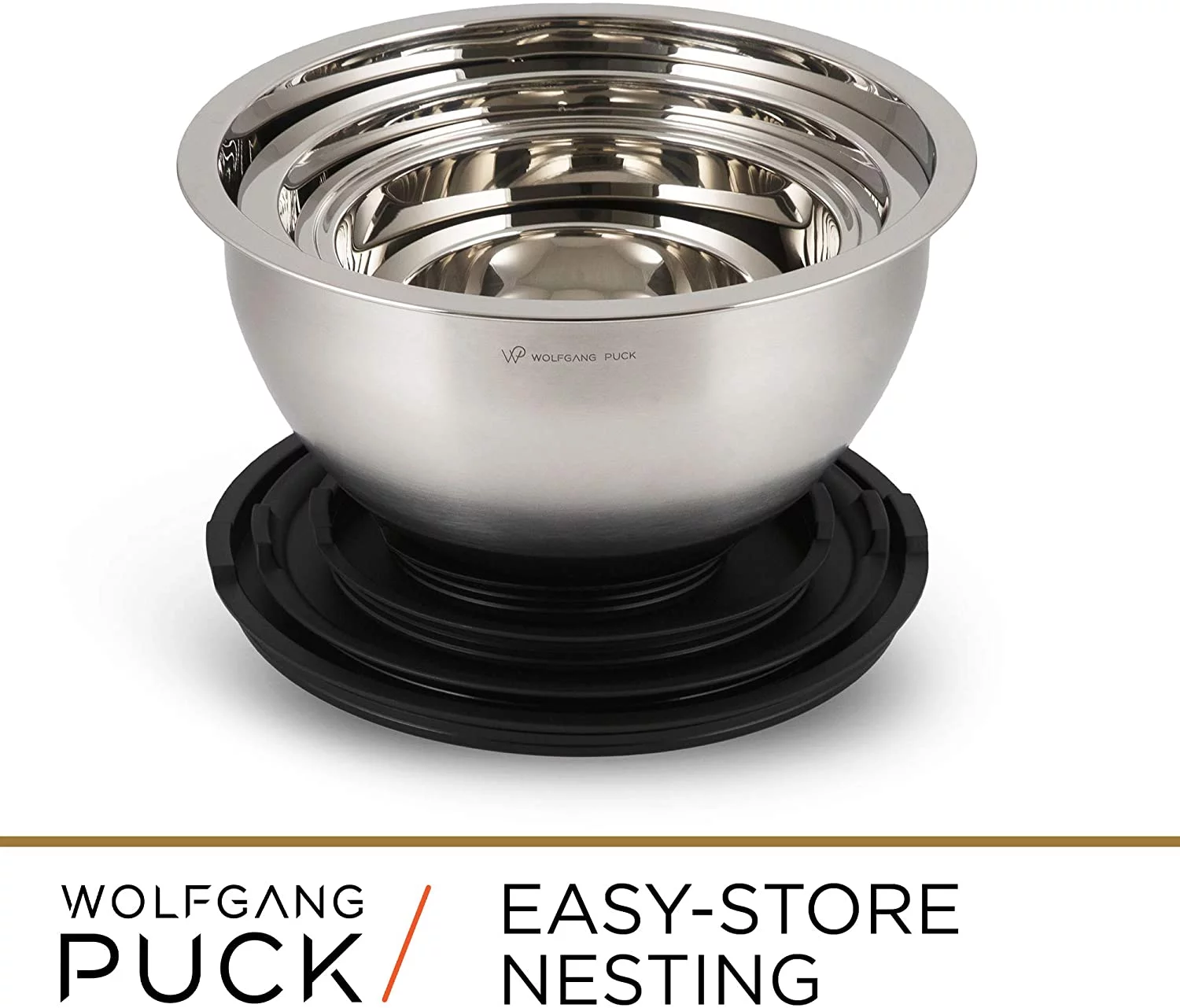 Wolfgang Puck 12-Piece Stainless Steel Mixing Bowl Set, Silicone Grip Bottom, Black