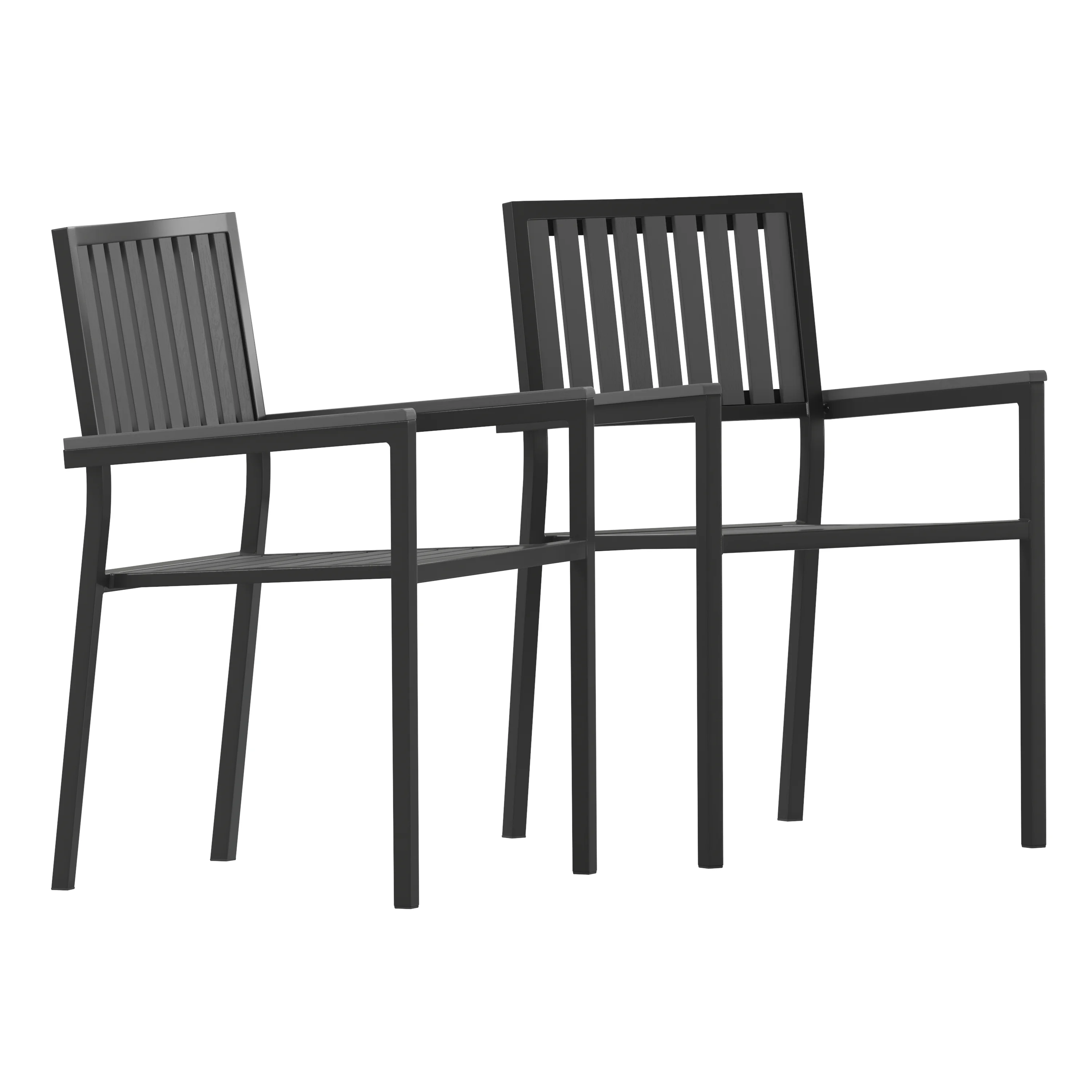 Emma + Oliver Set of 2 Modern Weather and Rust Resistant Black Steel Stacking Chair with Arms and Polyresin Seat and Back for Indoor and Outdoor Use