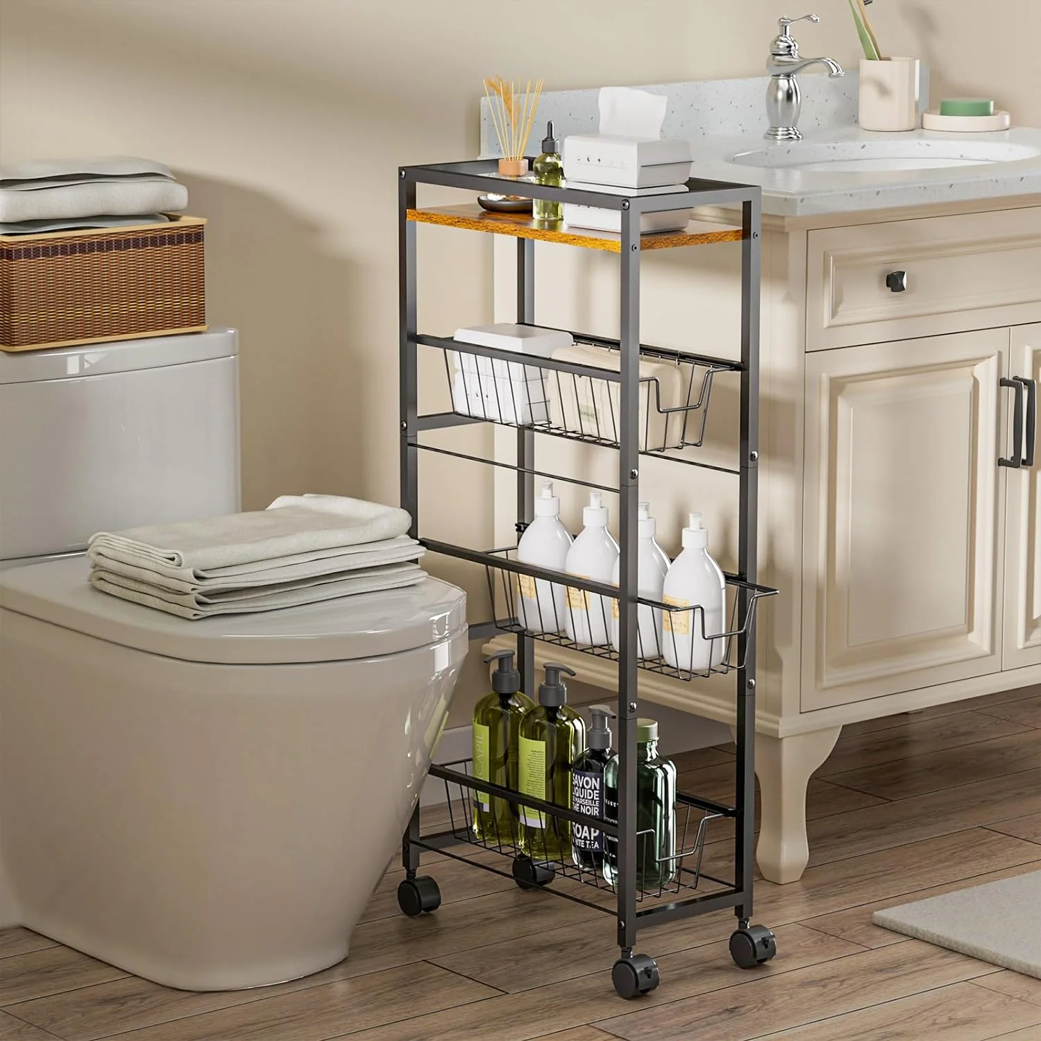 4-Tier Slim Storage Cart with Wheels,X-cosrack Rolling Utility Cart with Slide-Out Wire Baskets & Wooden Tabletop,Mobile Shelving Unit for Bathroom Kitchen Laundry Narrow Places