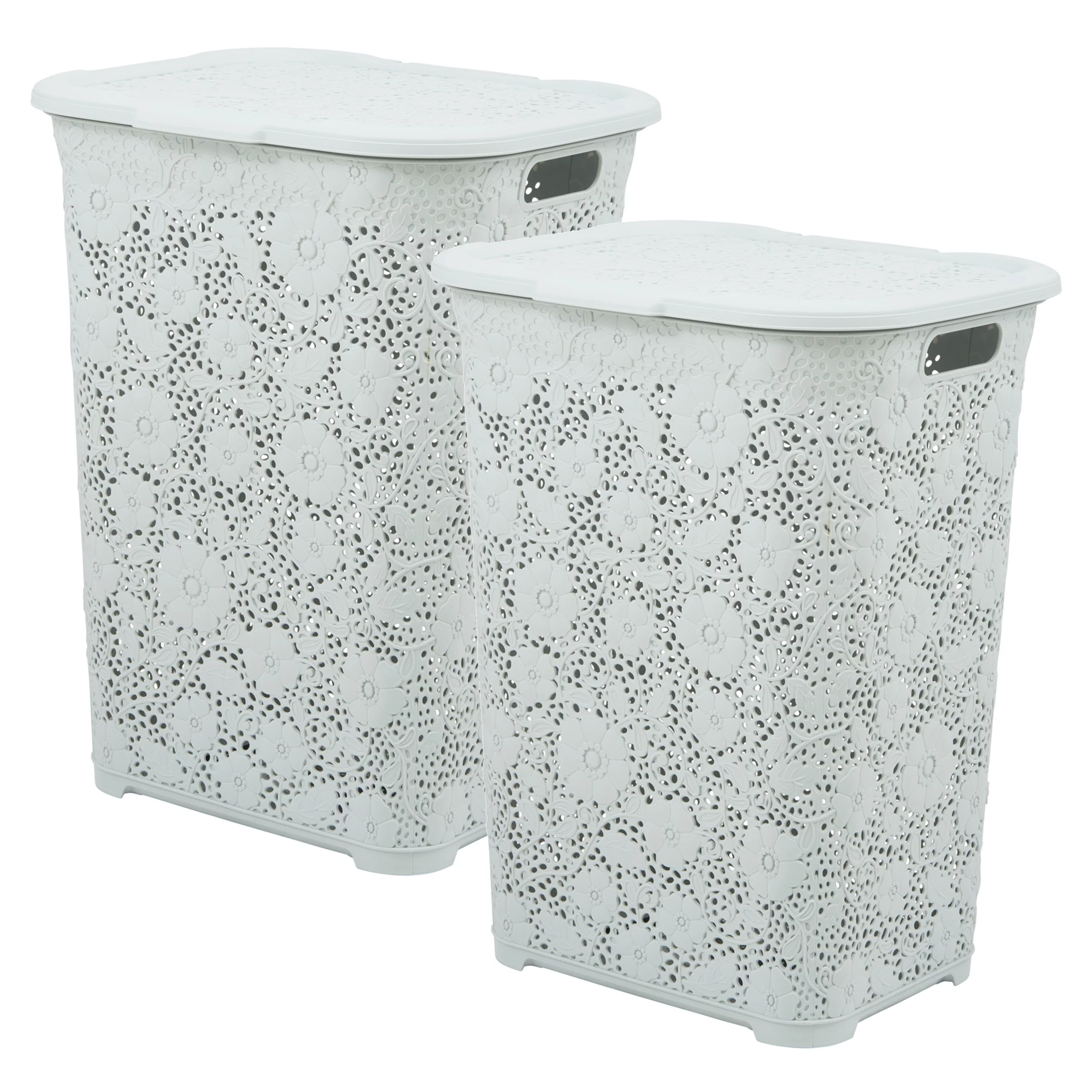 Superio 50L Large Lace Plastic Laundry Hamper with Lid - White Smoke (2 Pack)
