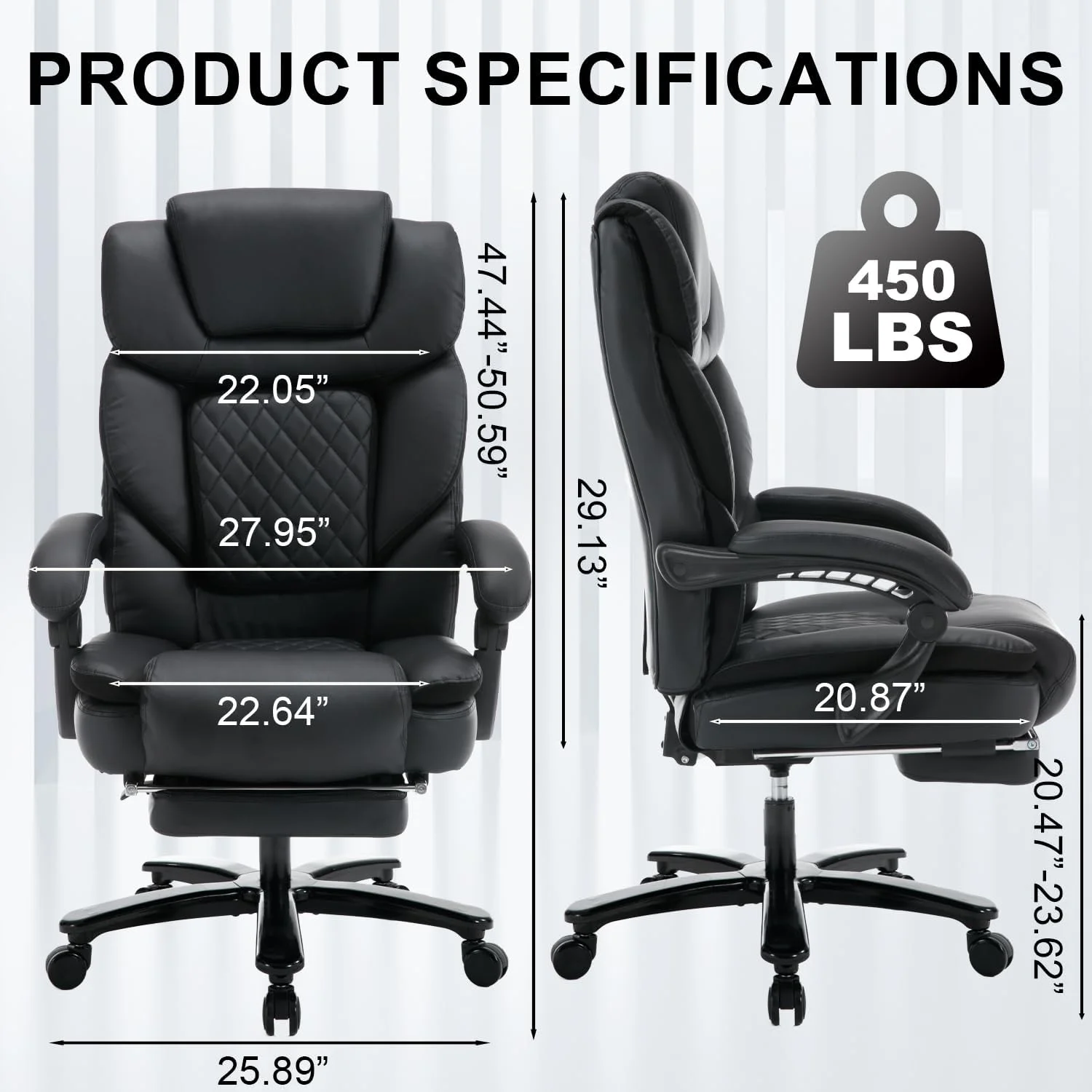 450lbs Big and Tall Reclining Office Chairs with Footrest & Lumbar Support, PU Leather Ergonomic Managerial Executive Chair with Wheels, Plus Size Recliner Desk Chair (Grey)