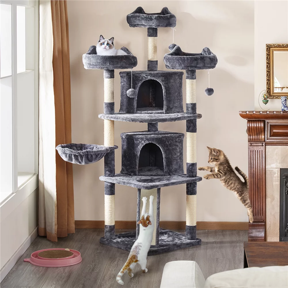 Easyfashion Multiple Levels Cat Tree Large Plush Cat Tower with 3 Platforms, Dark Gray