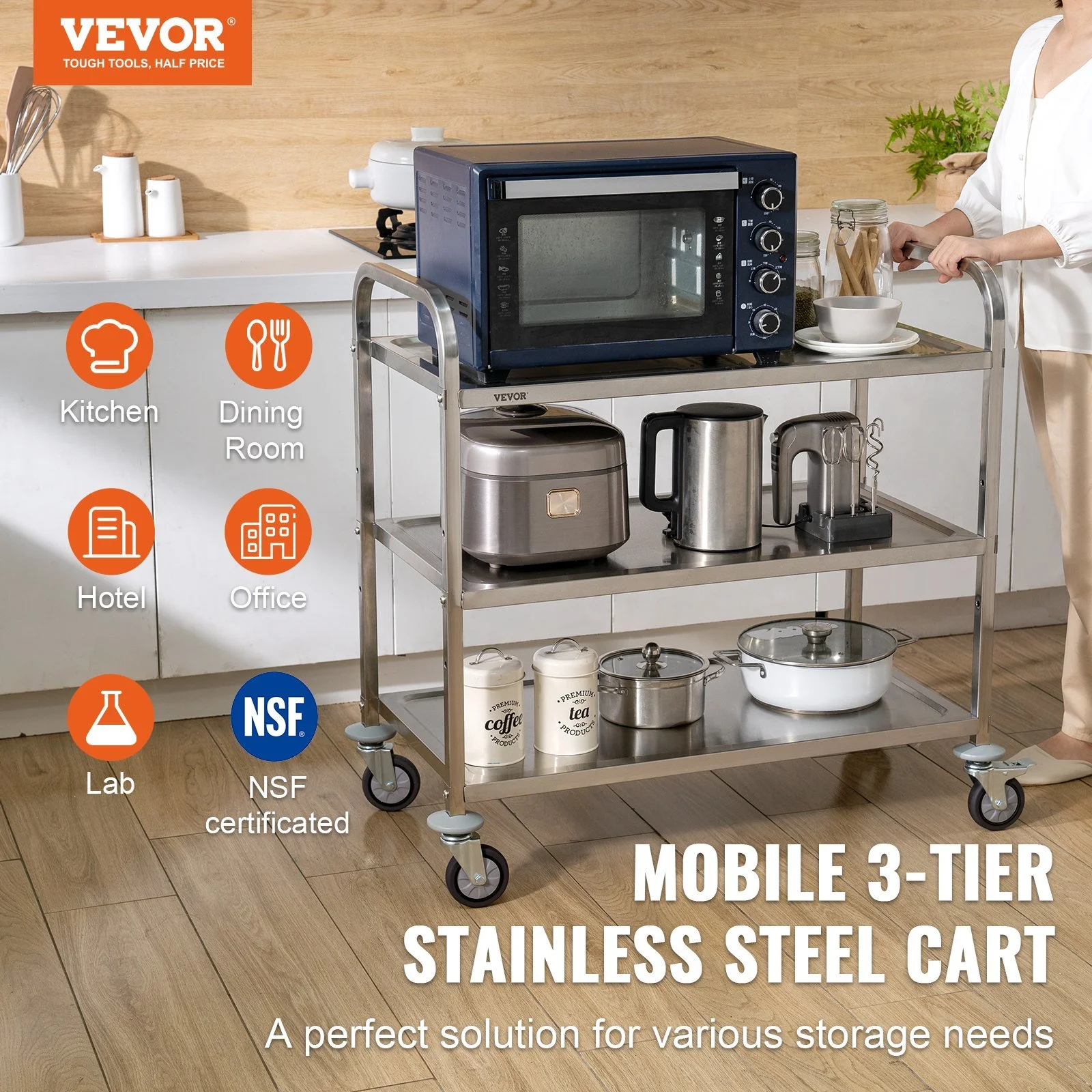 Vevor Kitchen Cart Wire Rolling 3-Tiers Steel Service Cart with Brake Wheels - 450 lbs