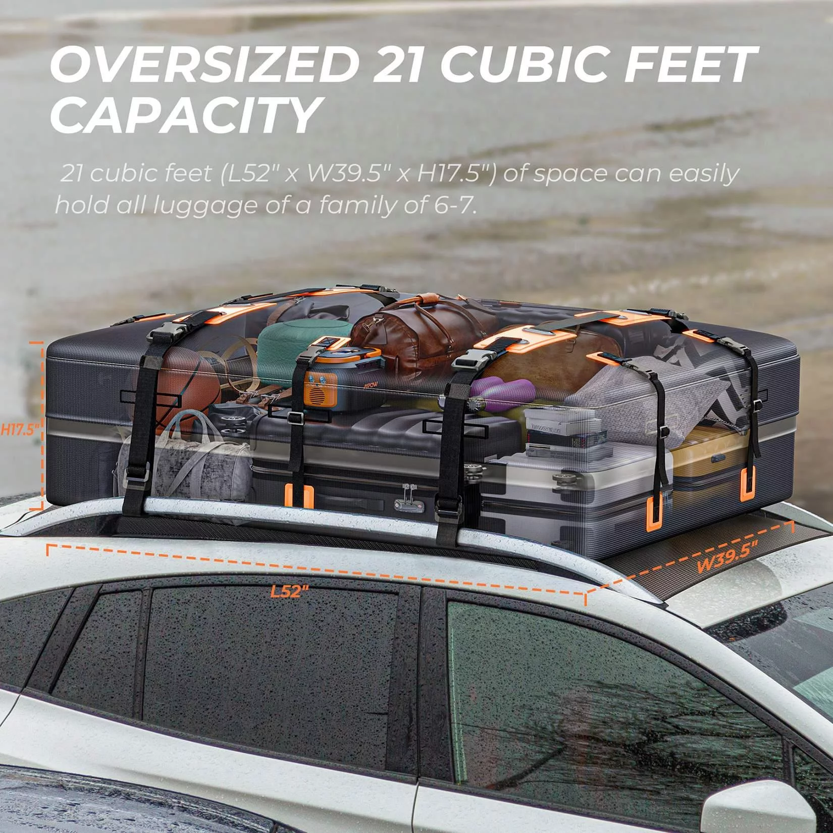 Adnoom Car Roof Bag 100% Waterproof Rooftop Cargo Carrier 21 Cubic feet Car Luggage Storage Bag Anti-Slip Mat Fits All Vehicle with/Without Rack