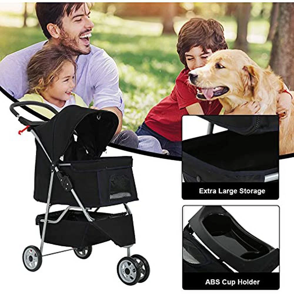 HGS Dog Stroller Pet Stroller 3 Wheels Travel Folding Carrier Strolling Cart for Medium Small Dogs&Cats, Pet Stroller Jogger Cat Dog Cage Pet Stroller, Black