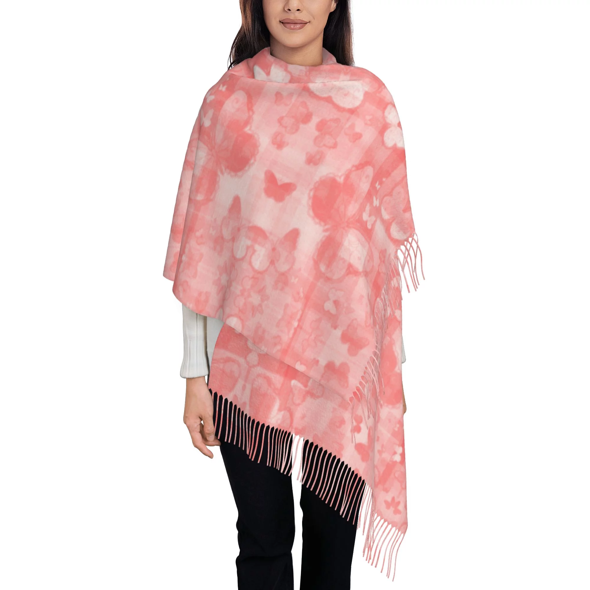 Women's Fashion Tassel Scarf, Pink Butterfly Art Design Long Shawl, Lightweight and Warm