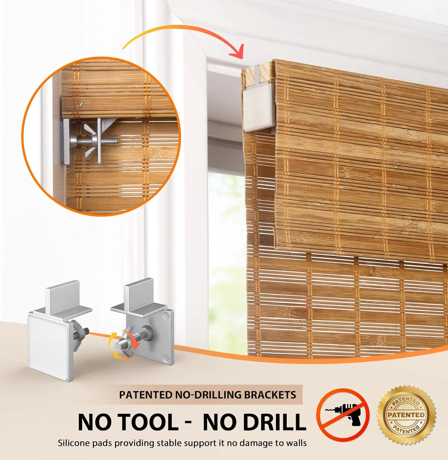 Muanna No Tools No Drill Cordless Bamboo Roman Shades, Light Filtering Window Treatment, Roll Up Bamboo Blinds for Window 35'' W x 64'' H, Squirrel