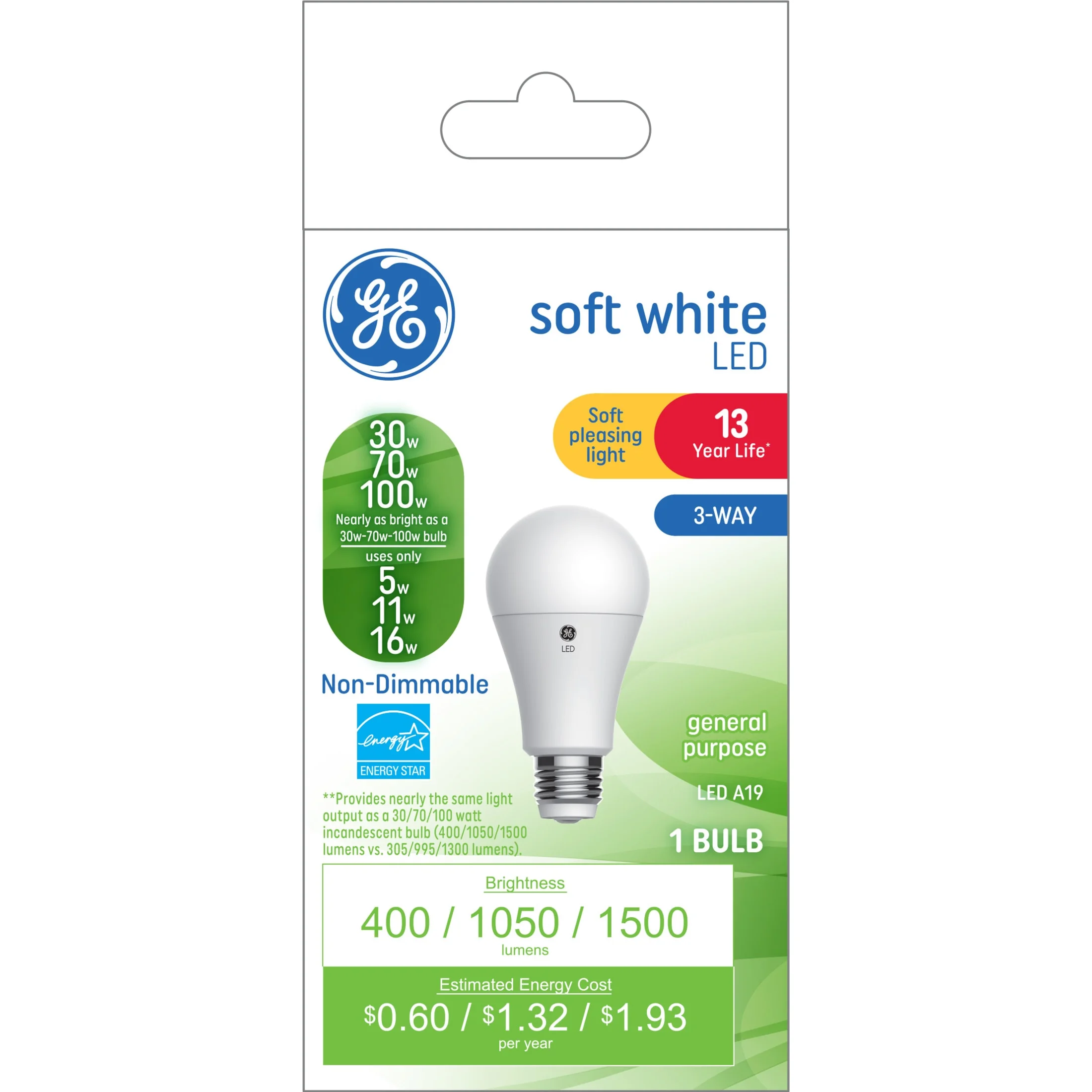 GE LED 3-Way Light Bulb, 100/70/30 Watt, Soft White, A19 Bulb, Medium Base, Frosted Finish, 13yr