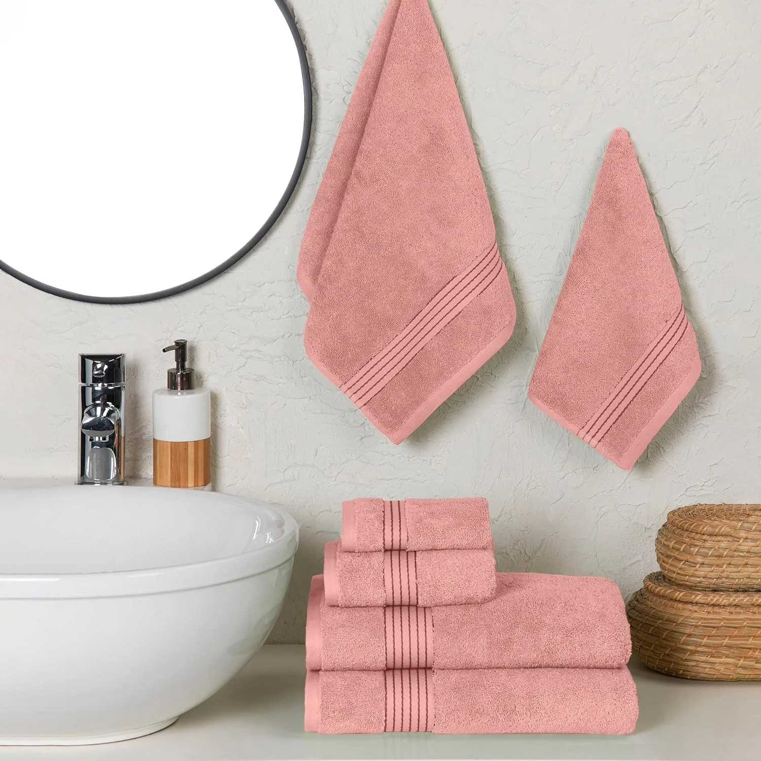 Discount Cotton 6-Piece Towel Set, Includes 2 Washcloths, 2 Hand Towels and 2 Bath Towels, 100% Turkish Cotton - Highly Absorbent and Super Soft Towels for Bathroom, Dusty Rose