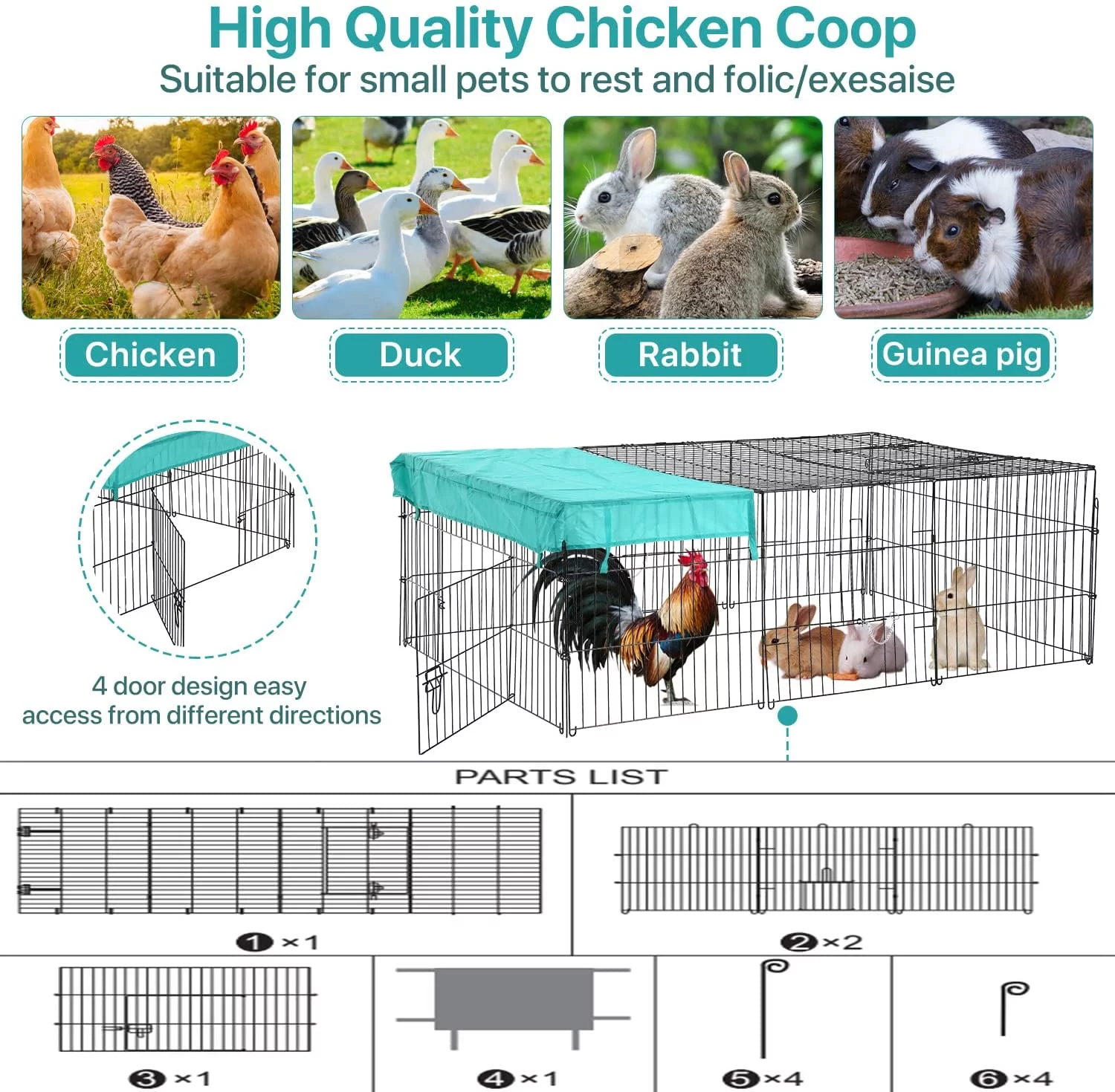 Dkeli Metal Chicken Coop Cage Walk-in Rabbit Enclosure Pen Outdoor Backyard Chicken Run Pen with Waterproof Cover for Rabbit Duck Hen, 72
