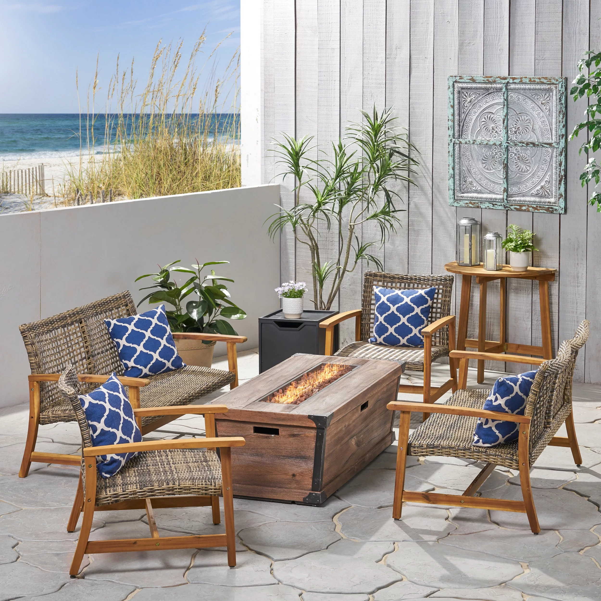 GDF Studio Savannah Outdoor Acacia Wood and Wicker 6 Seater Chat Set with Fire Pit, Natural, Gray, and Brown