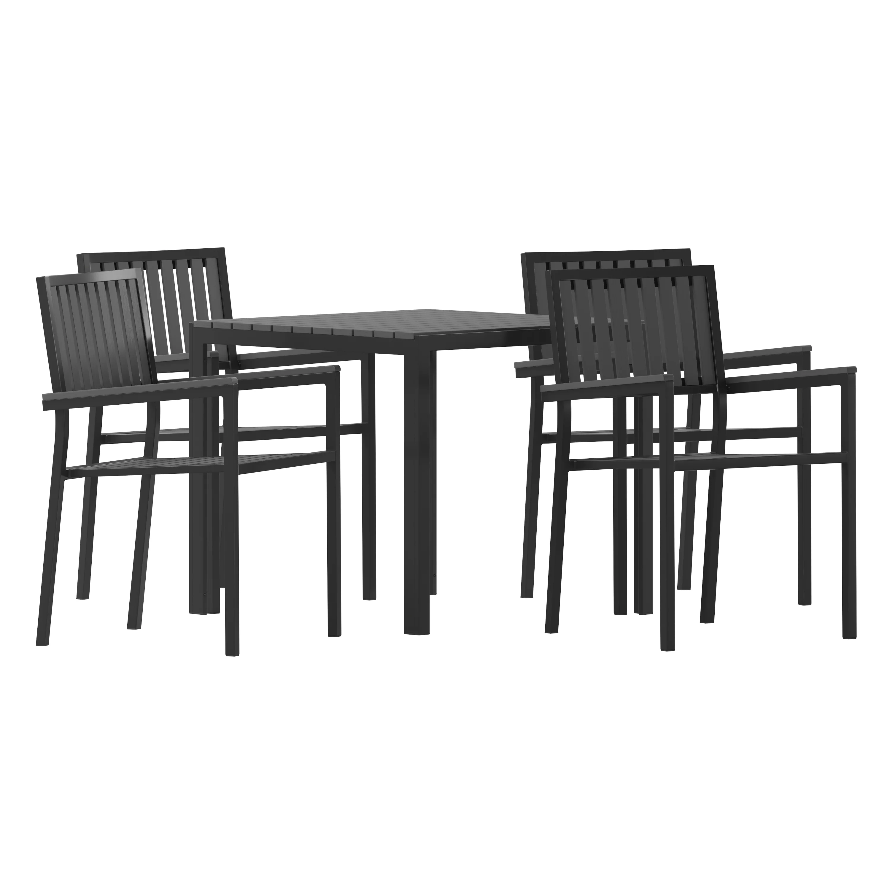 BizChair 5 Piece Commercial Indoor/Outdoor Table and Chairs with Black Poly Resin Slatted Backs and Seats