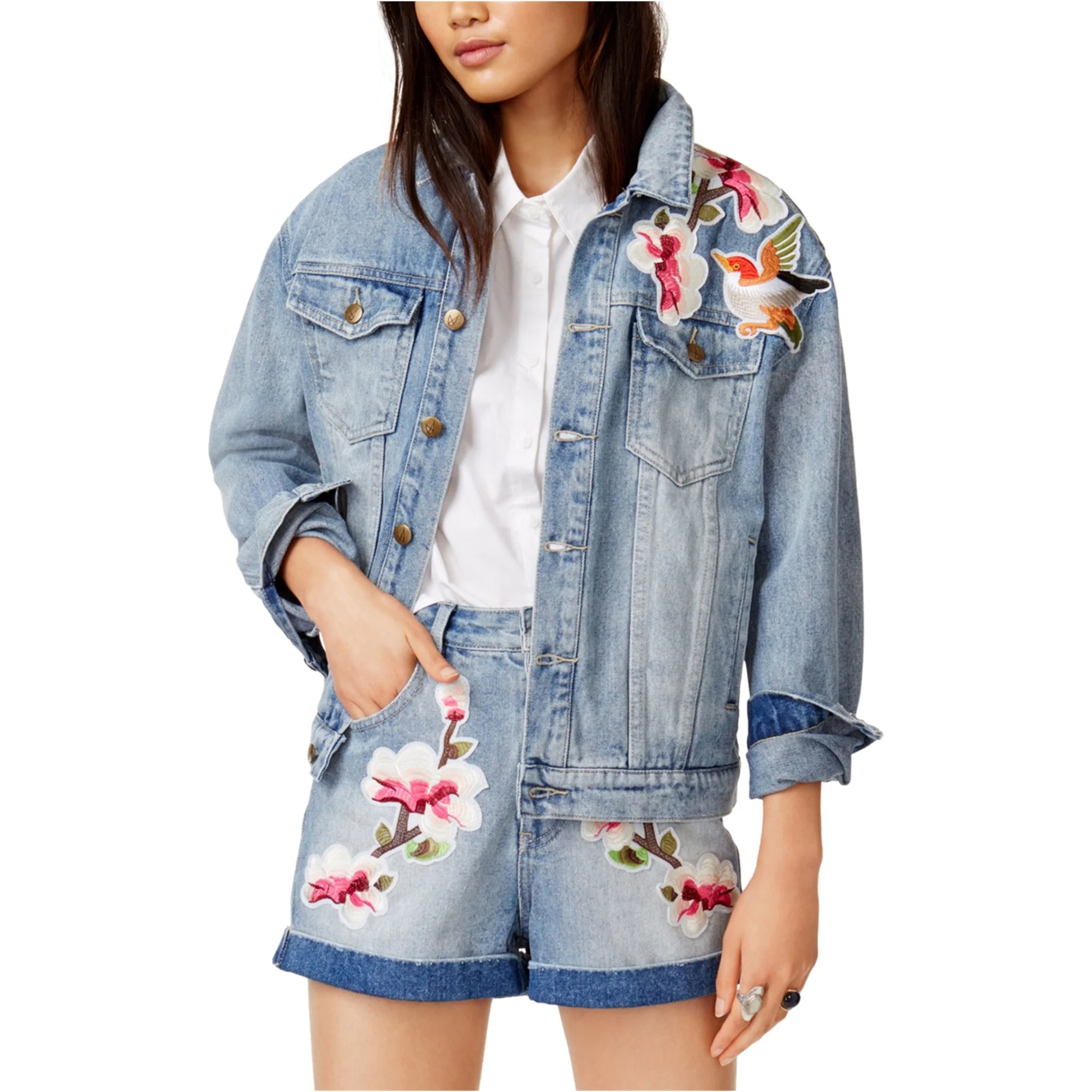 MinkPink Womens Patched Denim Jacket, Blue, Large