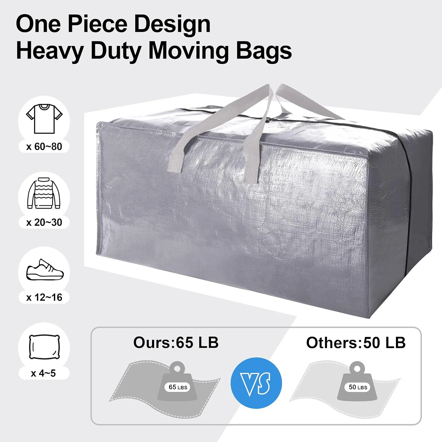 Heavy Duty Extra Large Moving Bags W/Backpack Straps - Strong Handles & Zippers, Storage Totes For Space Saving, Fold Flat, Alternative to Moving Box and Storage Bin (Set of 6, Silver)