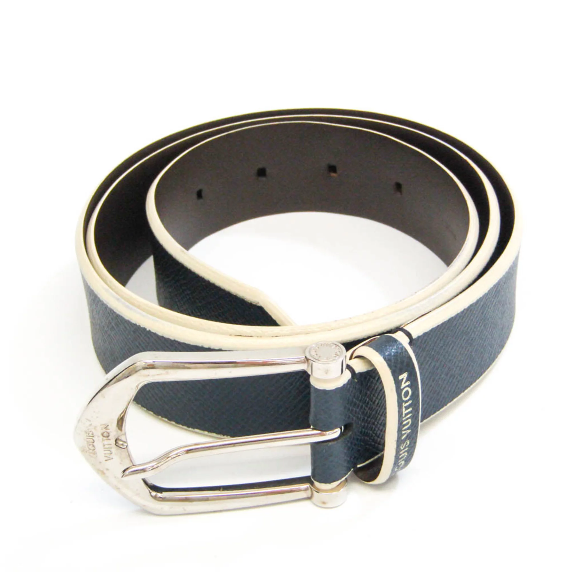 Pre-Owned Louis Vuitton Taiga M9115 Women's Leather Standard Belt Navy,Off-white 100 (Good)