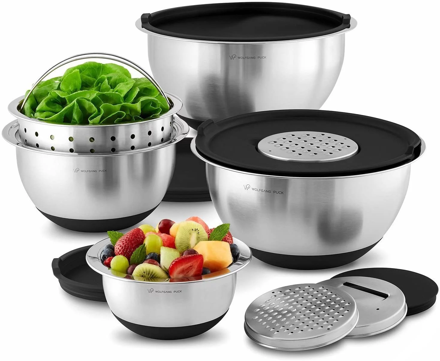 Wolfgang Puck 12-Piece Stainless Steel Mixing Bowl Set, Silicone Grip Bottom, Black