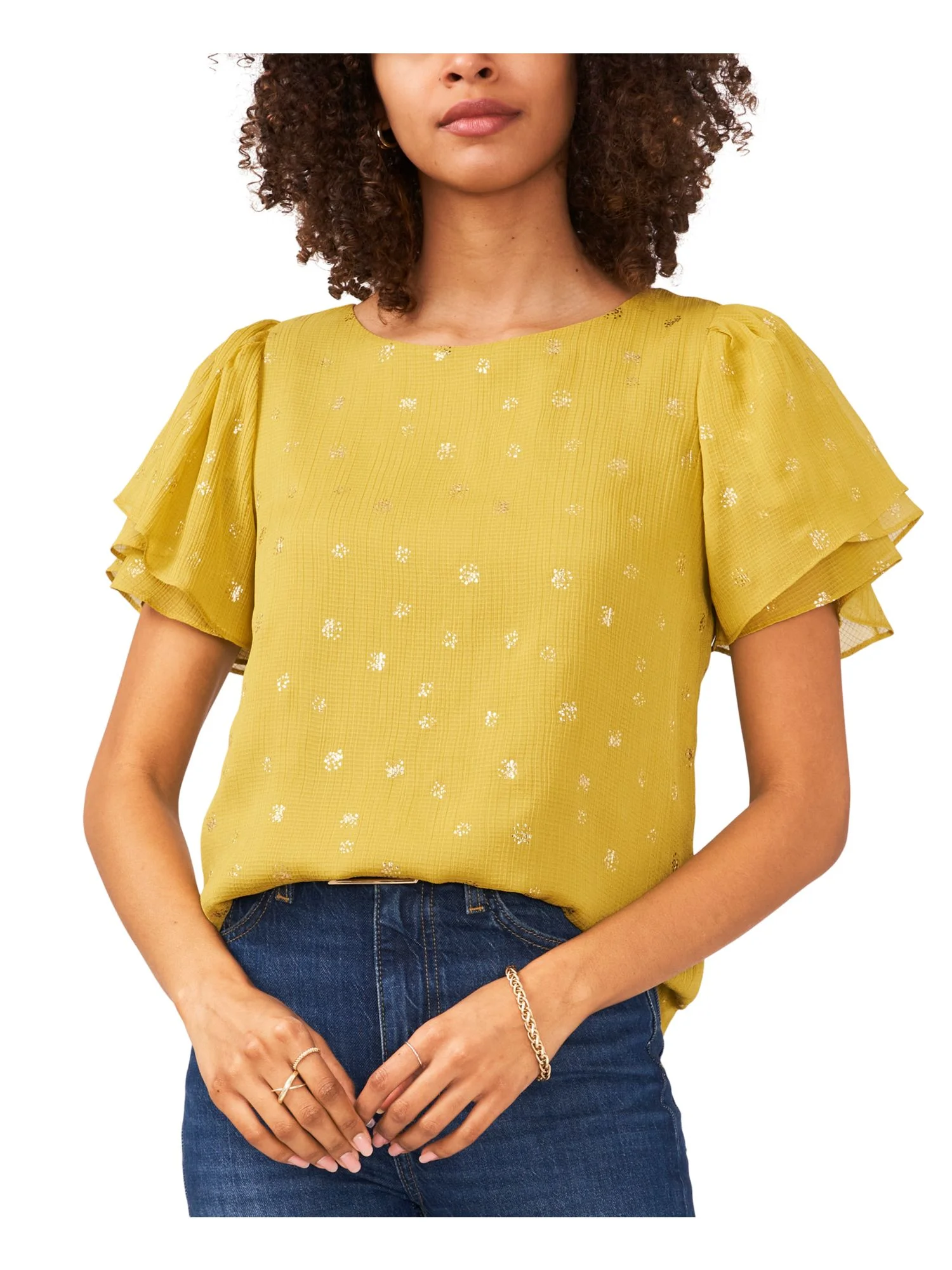 VINCE CAMUTO Womens Yellow Textured Lined Tulip Sleeve Keyhole Back Crew Neck Wear To Work Blouse S
