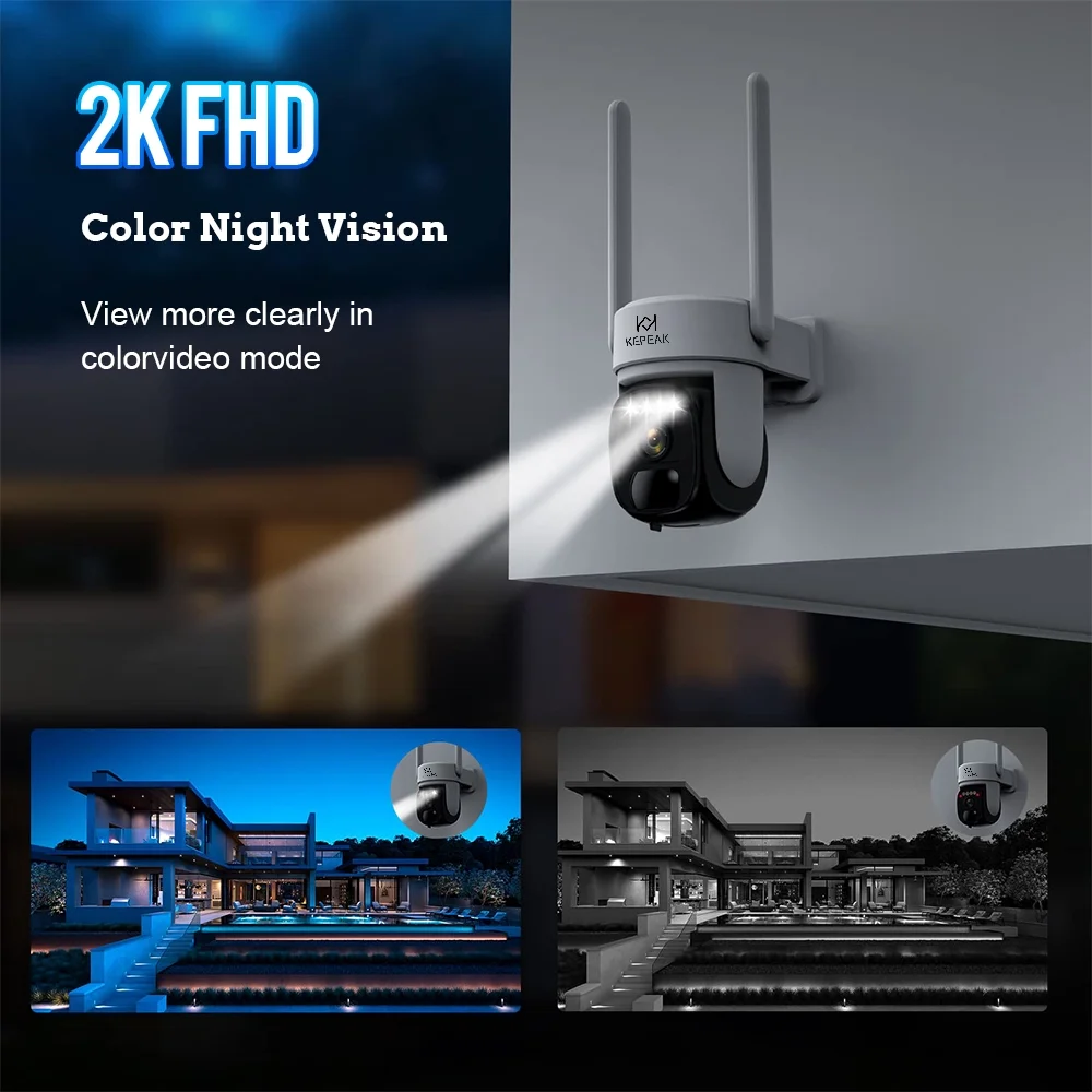 2K Solar Security Cameras,360° View Outdoor Home Surveillance with Full Color Night Vision, 2-Way Audio, PIR Detection,2.4G Wifi