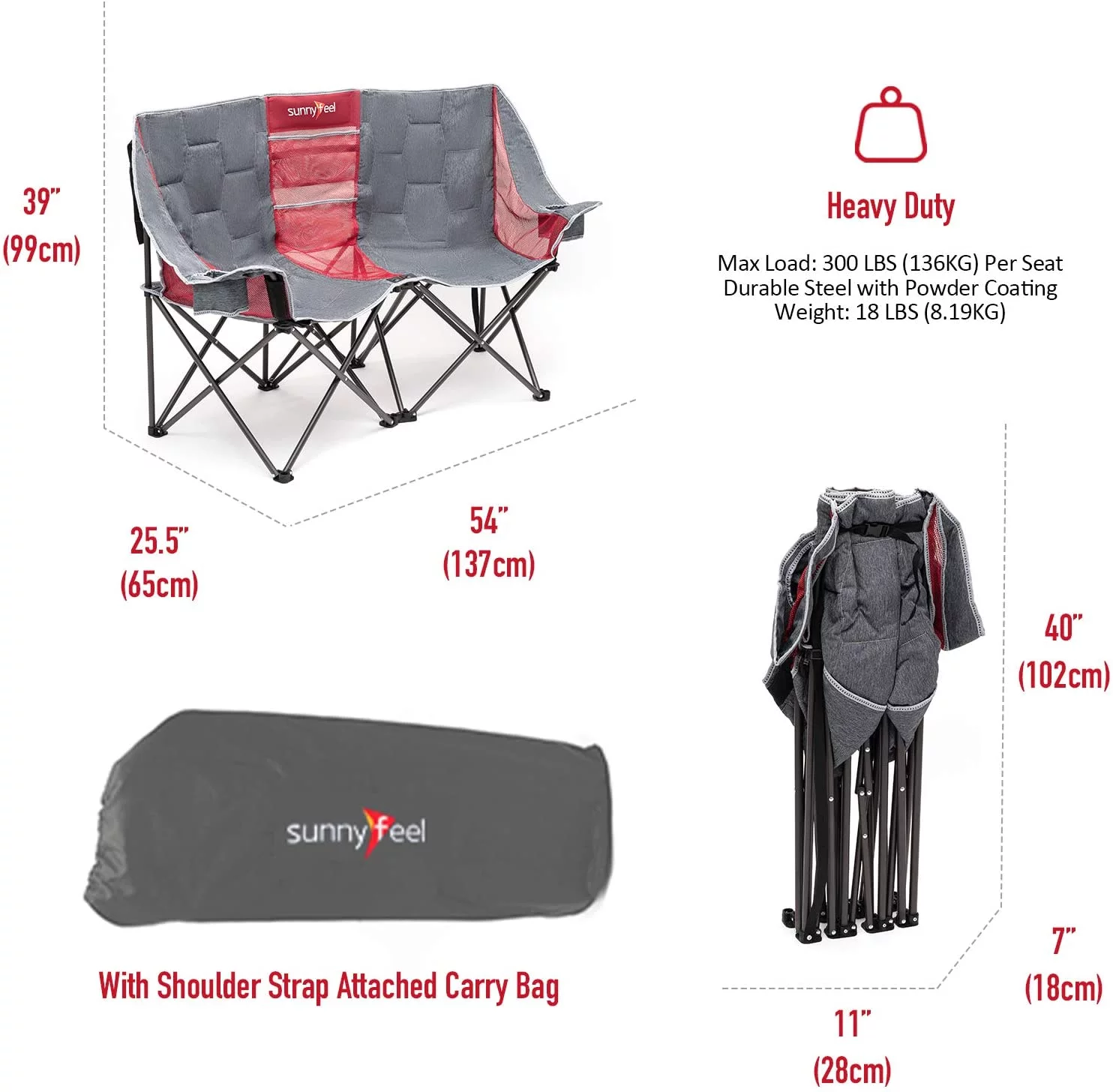 SunnyFeel Double Camping Chair Folding Loveseat Oversized for 2 Person (Gray)