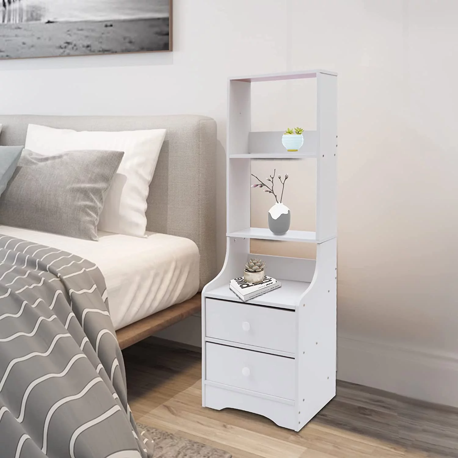 Fichiouy Modern Nightstand, Bedside End Table with 2 Drawers and Storage Shelf for Bedroom
