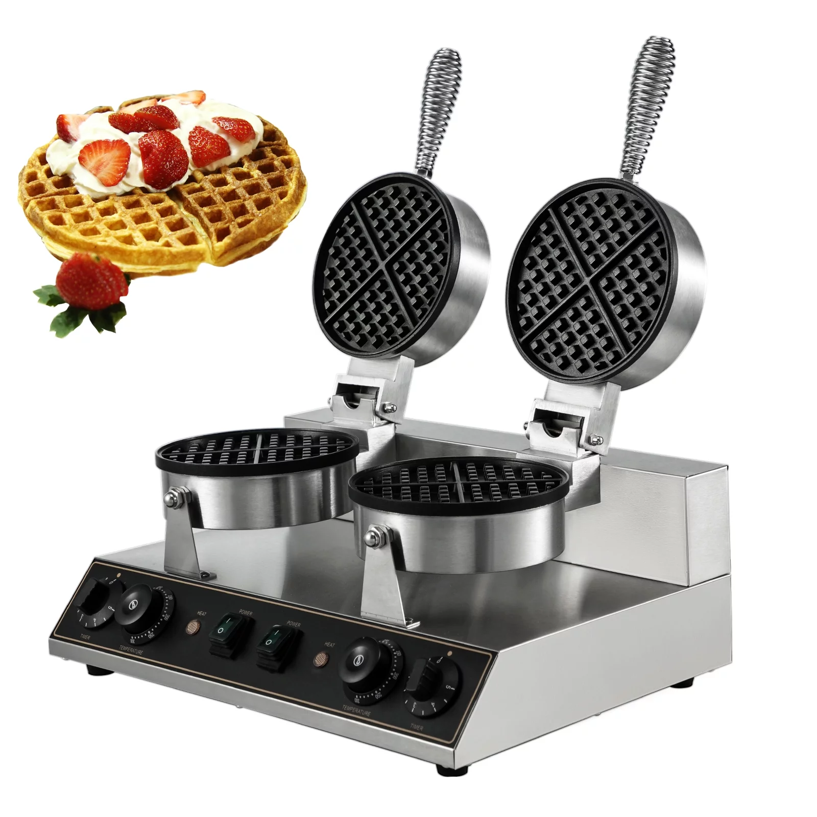 VEVOR 110V Commercial Waffle Maker Nonstick 1200Wx2 Electric Waffle Machine Stainless Steel Temperature and Time Control Round Waffle Iron 8mm/0.32inch Deep Suitable for Restaurant Snack Bar