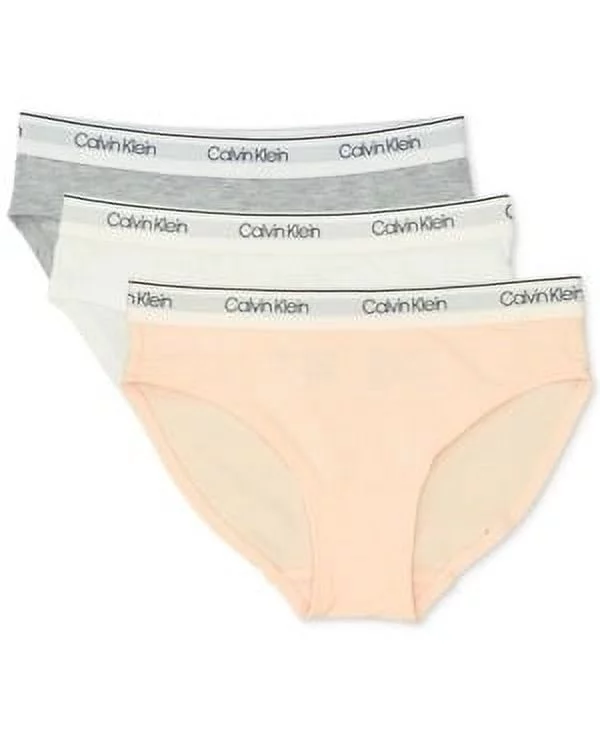 Calvin Klein CRYSTAL PINK/WHITE/GREY Girls 3 Pk. Bikini Brief, US Small (6/6X)