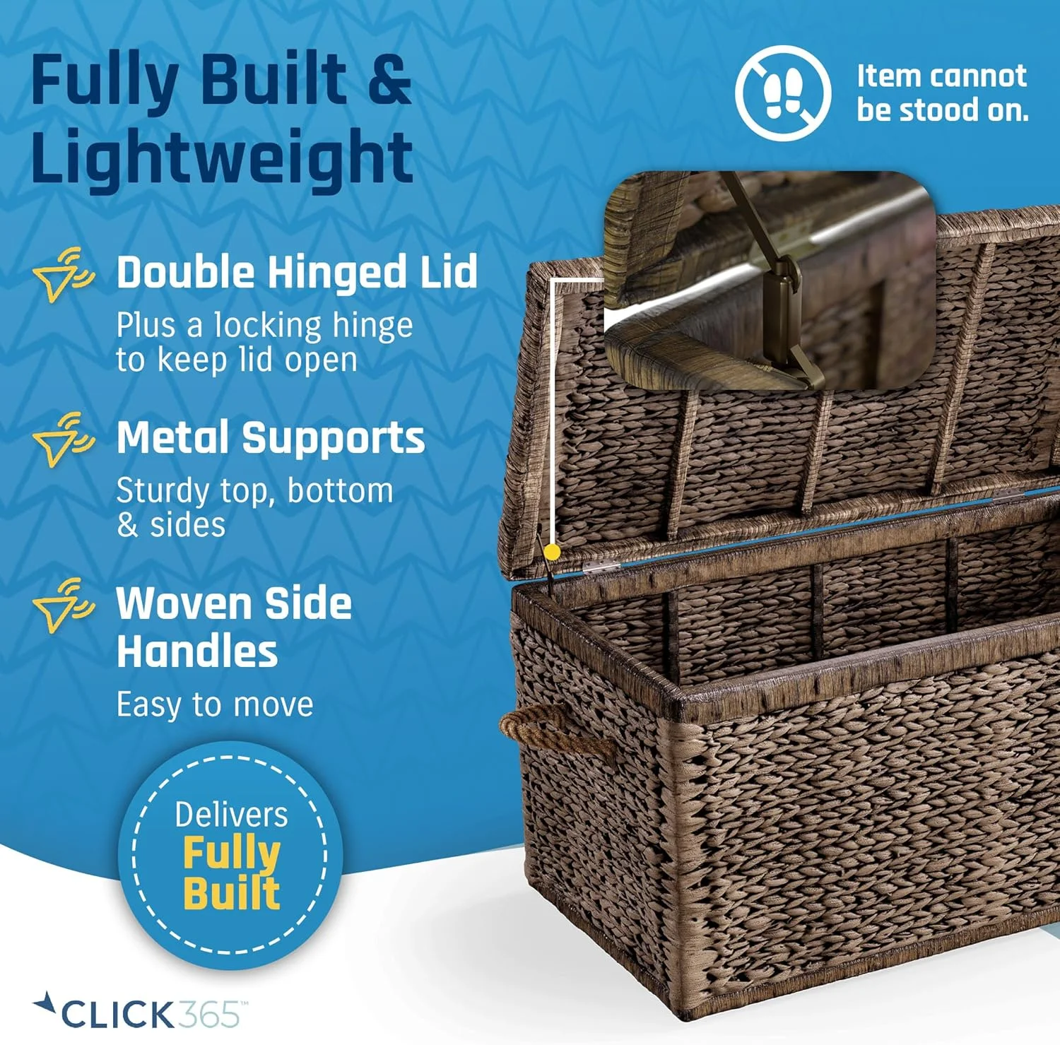 Click365 Storage Trunk, Farmhouse Style, Extra Large (33”), Deep, Woven Wicker Chest With Metal Frame, 2 Handles, Flip Top Lid and Stay Open Safety Hinges, Sustainable Eco Material, Rustic Brown