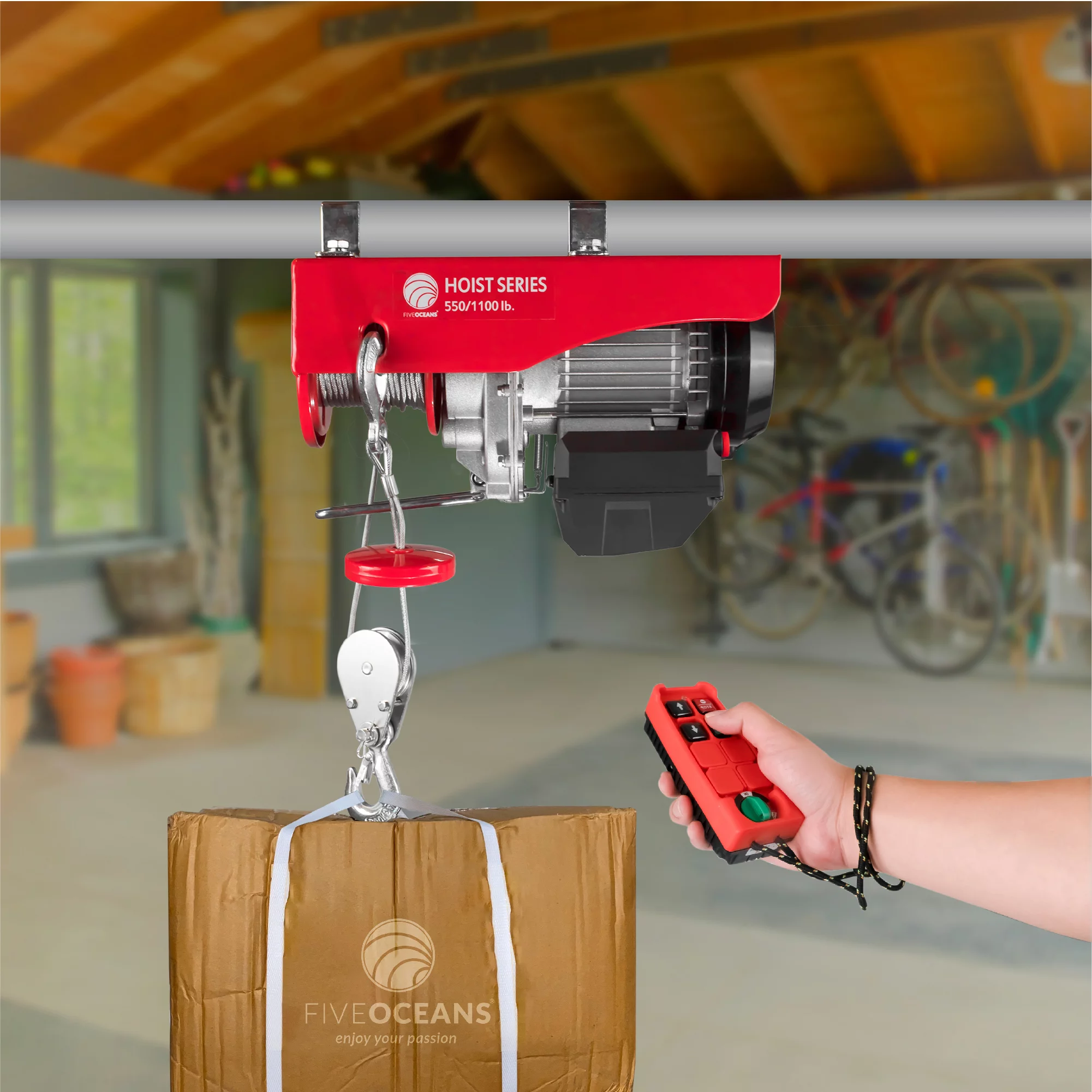 Five Oceans Electric Hoist, Hoist Pulley System, 1100 Lb Electric Winch with Wireless Remote Control 110 Volt - FO4402